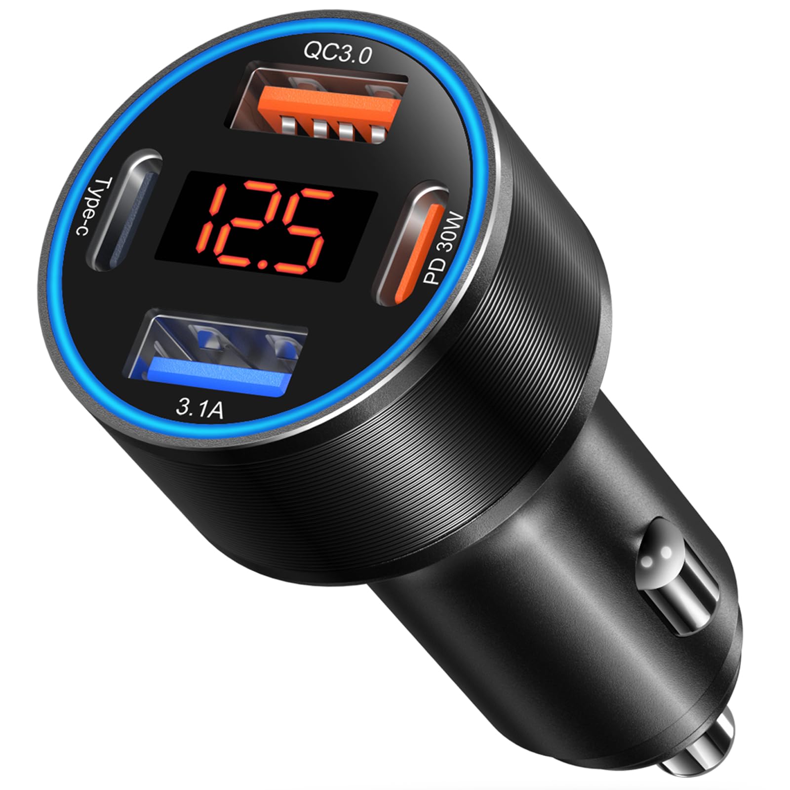 USB C Car Charger, 4-Port 65W Dual 12V USB-A &amp; USB-C Car Phone Charger with Voltmeter PD/QC 3.0 Fast Charging Cigarette Lighter Adapter for iPhone 16e 15 14 13 12 11 Pro Max,Samsung, Android(Black)