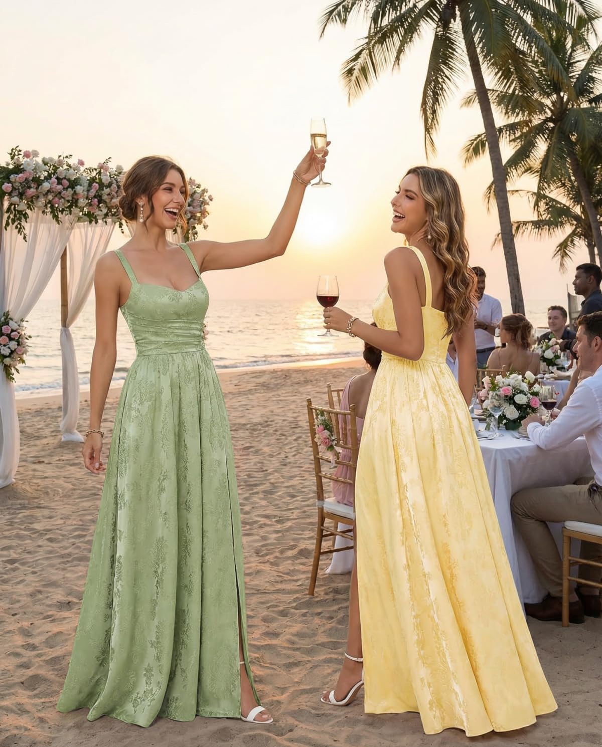 Women's Spaghetti Straps Pleated Satin Bridesmaid Dresses Long with Slit Formal Evening Dress AS056