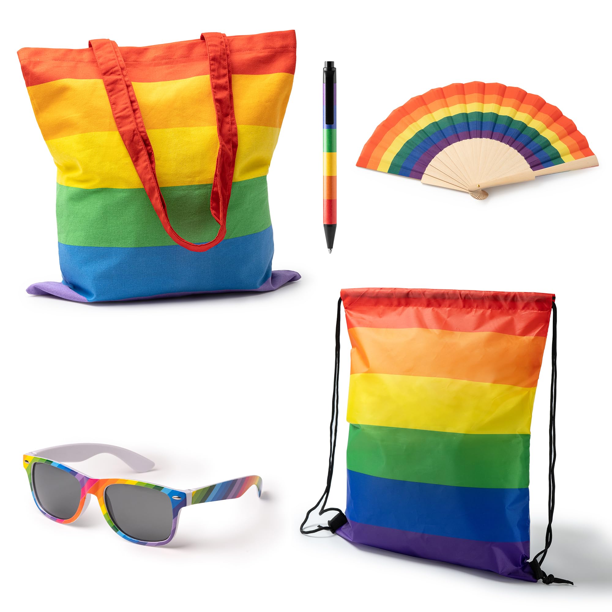 Pack 20 Abanico Multicolor Pride con Estampado Arcoíris, Varillas de Madera, Tela Multicolor, Ideal para Eventos, Desfiles, Fiestas Pride, Producto Ligero con Caja Blanca, Medidas 42,5x23x3 cm