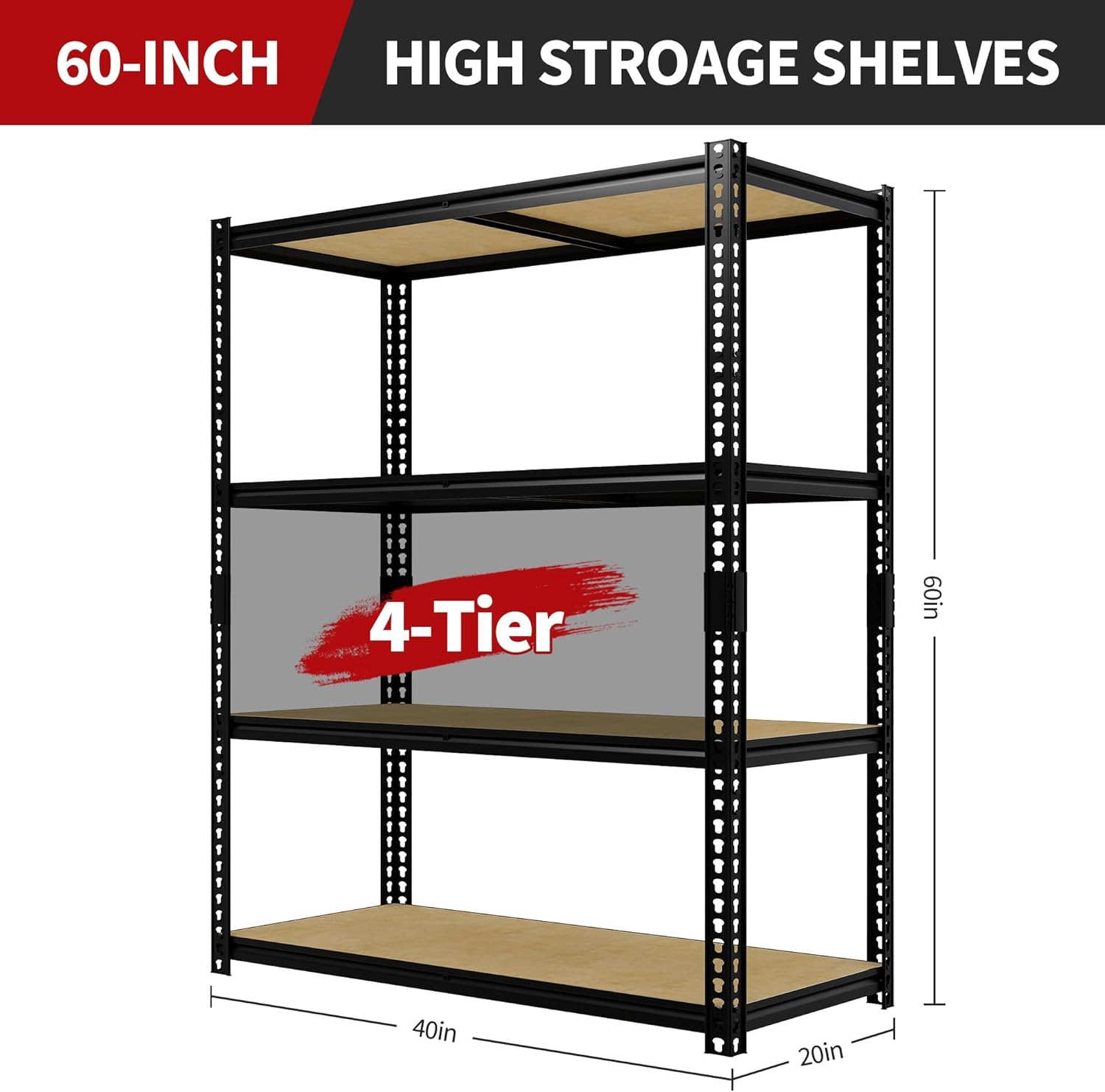 Garage Storage Shelves, 4-Tier Adjustable Metal Shelving Rack, 2000 Lb Capacity, 40" W x 20" D x 60" H Storage Unit for Kitchen, Pantry, Basement, Bathroom, Laundry