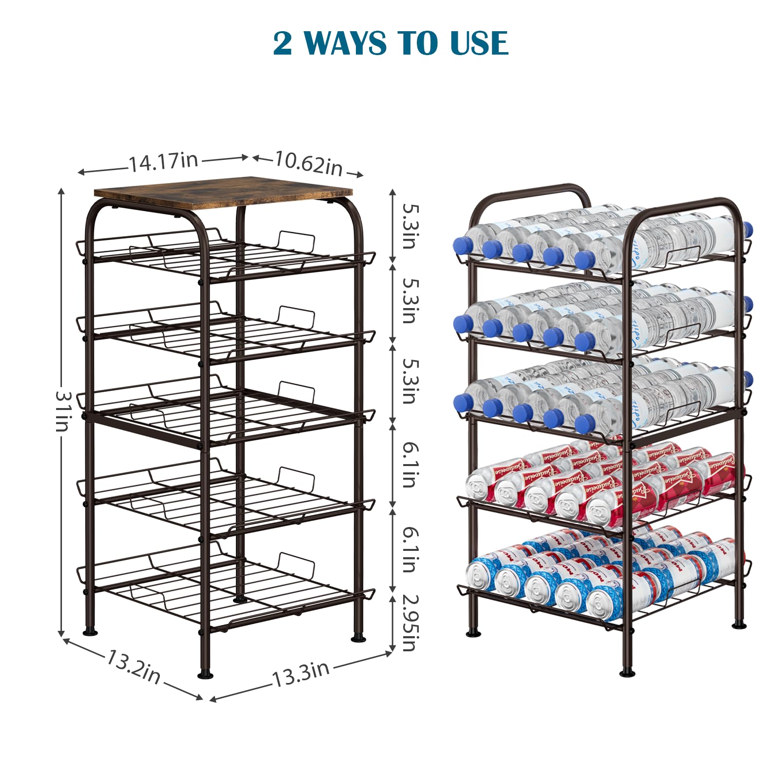 Organizador de botellas de agua de 5 niveles, soporte para botellas de agua, estante de almacenamiento de agua embotellada de gran capacidad, estante de metal para latas de refrescos, bebidas, estante