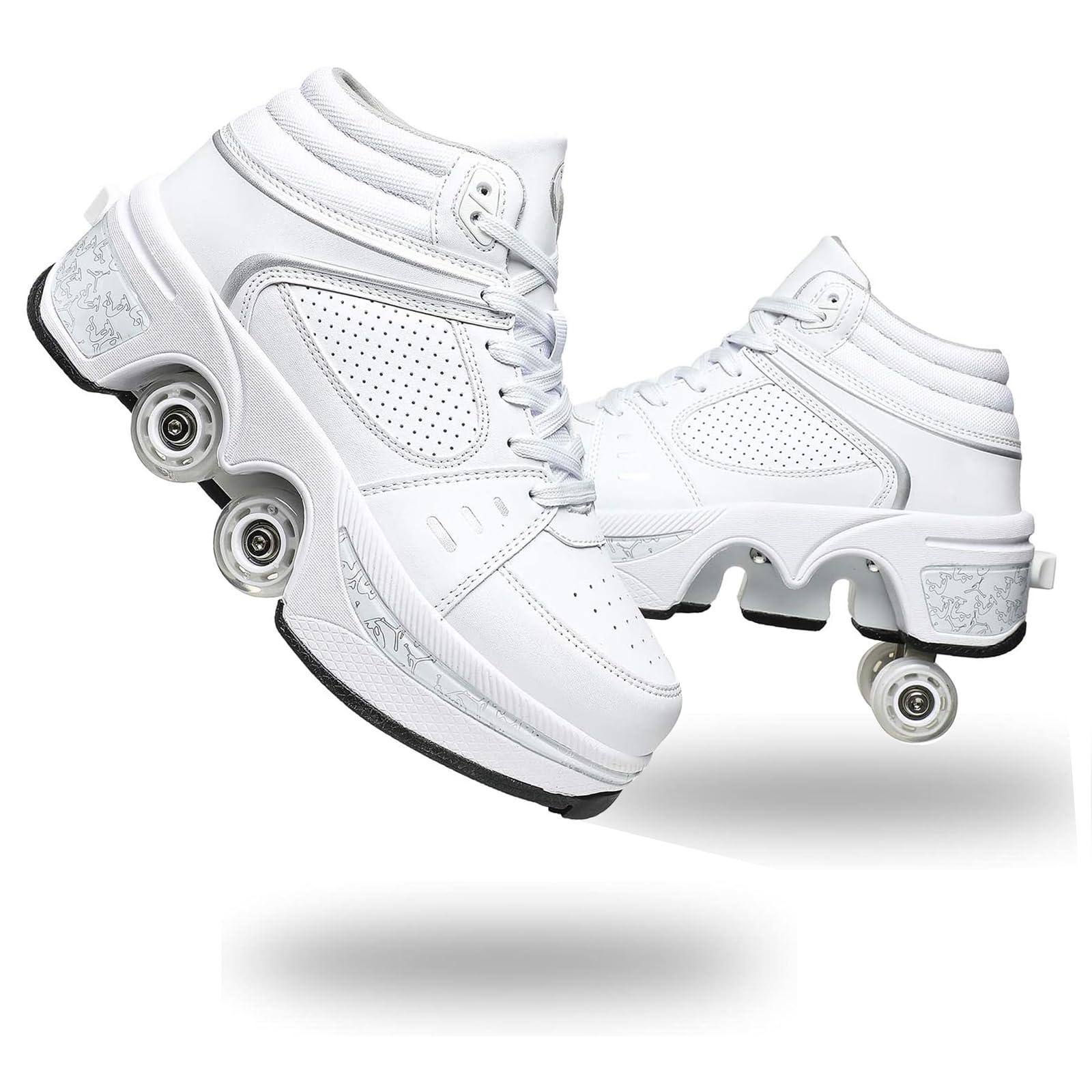 2-in-1 Roller Skate Shoes for Women Men, Double-Row Deform Retractable Removable Roller Skates, Shoes with Wheels for Girls/Boys, Sneakers with Wheels for Outdoor (White High Top, Women 8.5/Men 8)