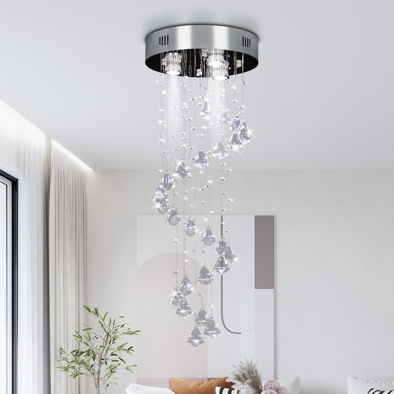 FRIXCHUR Modern Crystal Chandelier Spiral Raindrop Chandelier for 3-Lights Flush Mount Chandeliers for Bedroom Dining Room Foyer Staircase, 11.8 in Dia x 35.5 in H, GU10*3 (Bulbs Not Included)