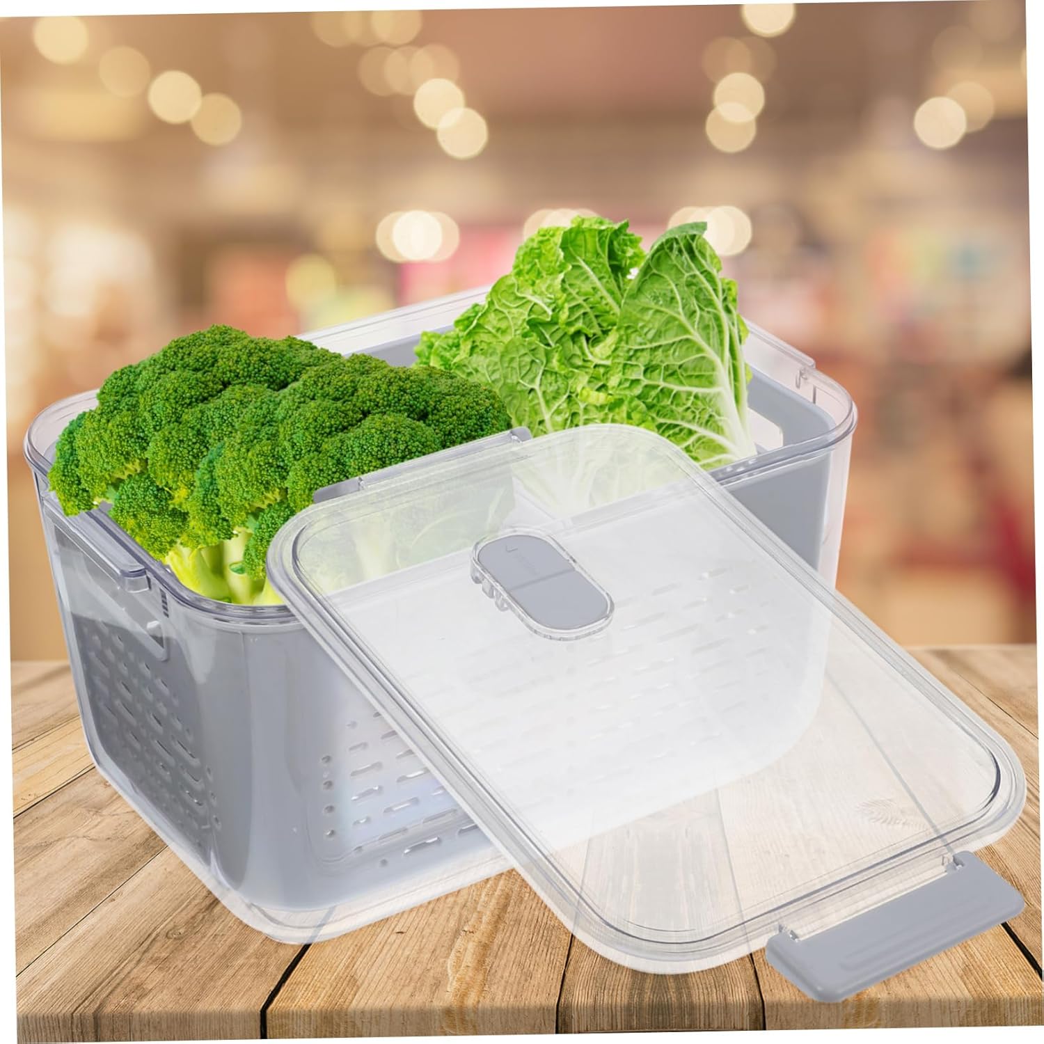 Divided Vegetable Drain Basket for Refrigerator Plastic Lettuce Keeper Multi-Use Salad Storage Container Lid for Fruit and Veggie Organization