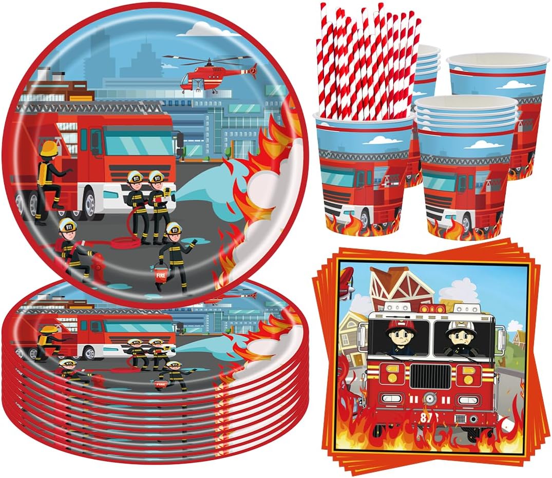 68 Pcs Vajilla Para Fiesta de Bombero, Vajilla de Cumpleaños de Bombero, Decoracion Cumpleaños Niños Incluye Platos Ttazas Servilletas