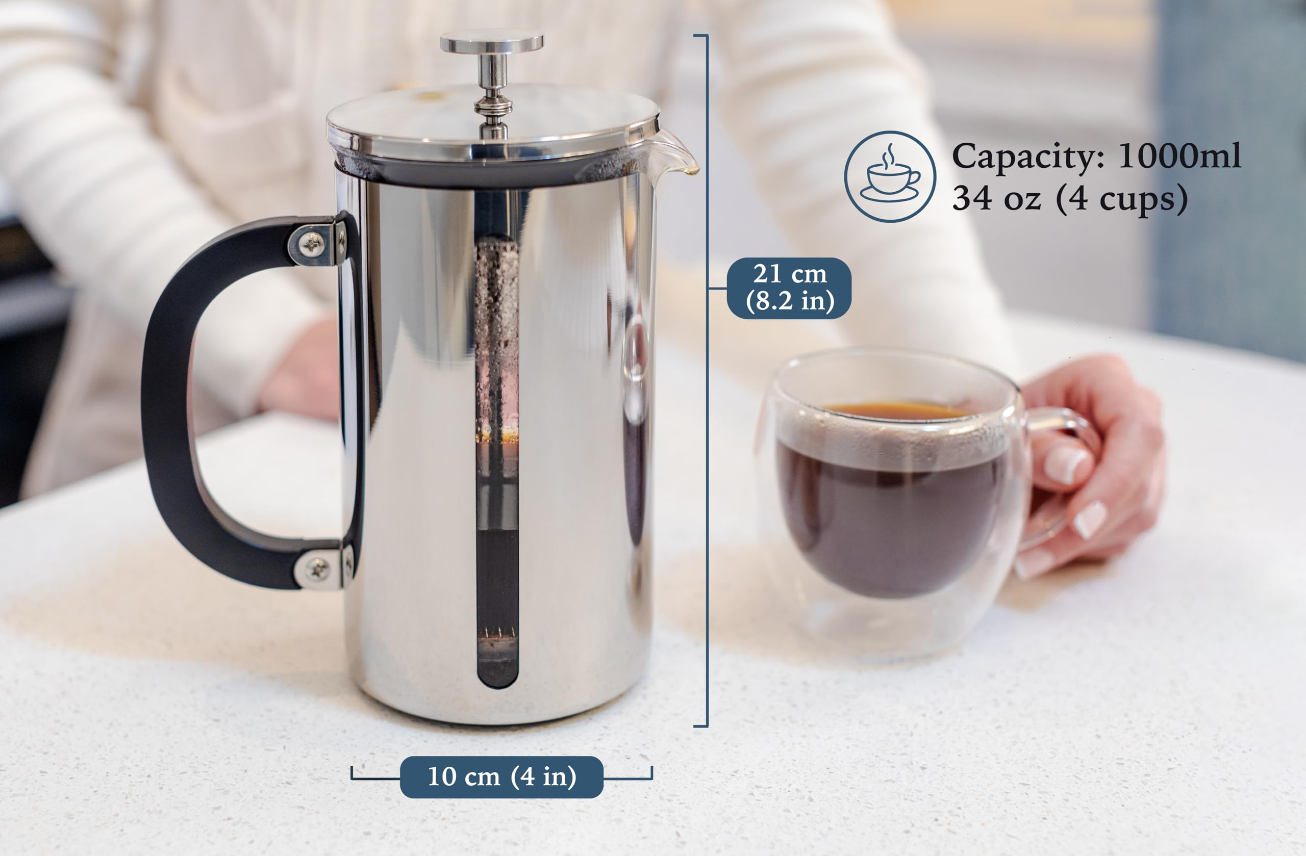 Prensa francesa de vidrio de borosilicato con acero inoxidable 304, capacidad de 1000 ml, elegancia clásica y diseño moderno para los entusiastas del café