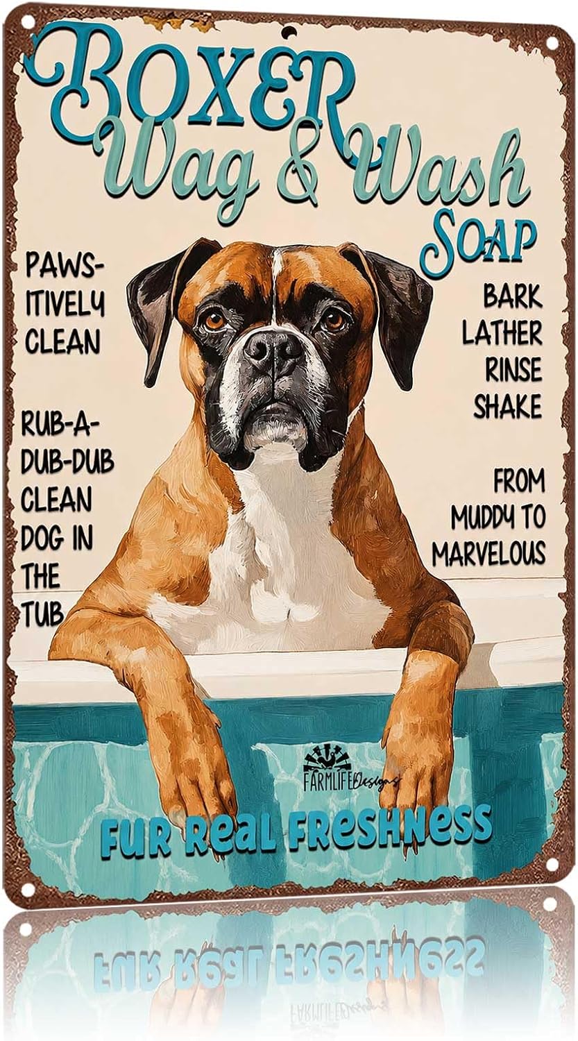Boxer Dog Wag & Wash Soap Metal Tin Sign, Vintage Funny Bathroom Decor