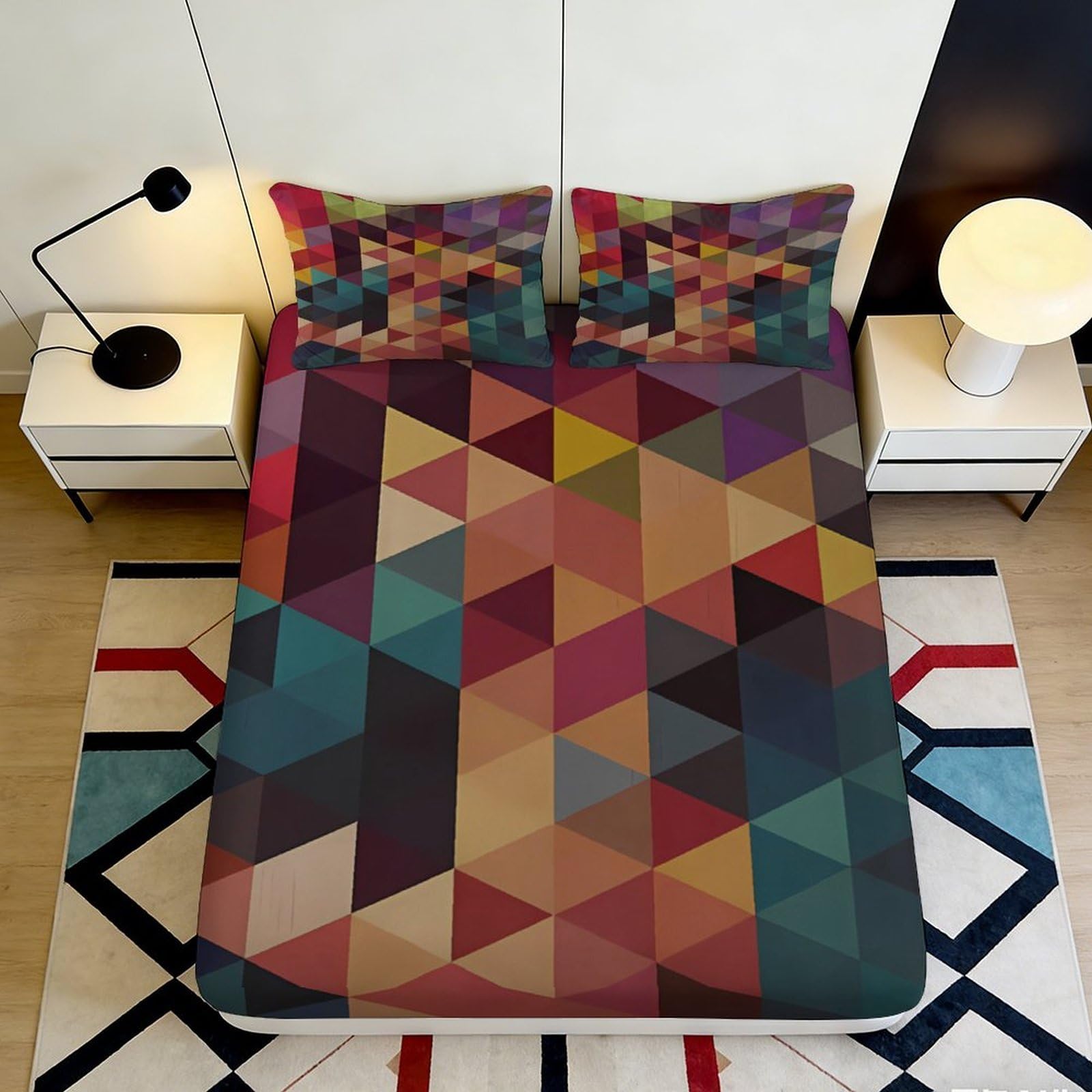 3D Printed Geometric Mosaic Fitted Sheet Microfiber Soft Colorful Triangle Bed Cover for Bedroom Dorm Mattress Protection Decor 200x200x25cm