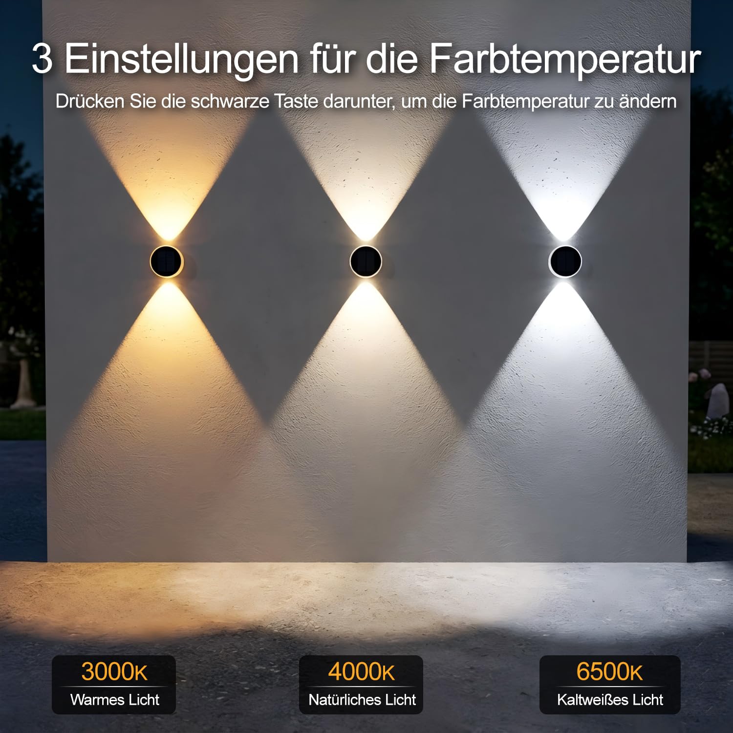 ELLASAY Solarlampen für Außen wand: Solar Wandleuchte Aussen Up and Down Leuchten Runden IP65 Wasserdicht, 3 Farben Zaunleuchten Kabellos, Solarleuchten für Gartendeko Pool Haus Deck 6 Pack