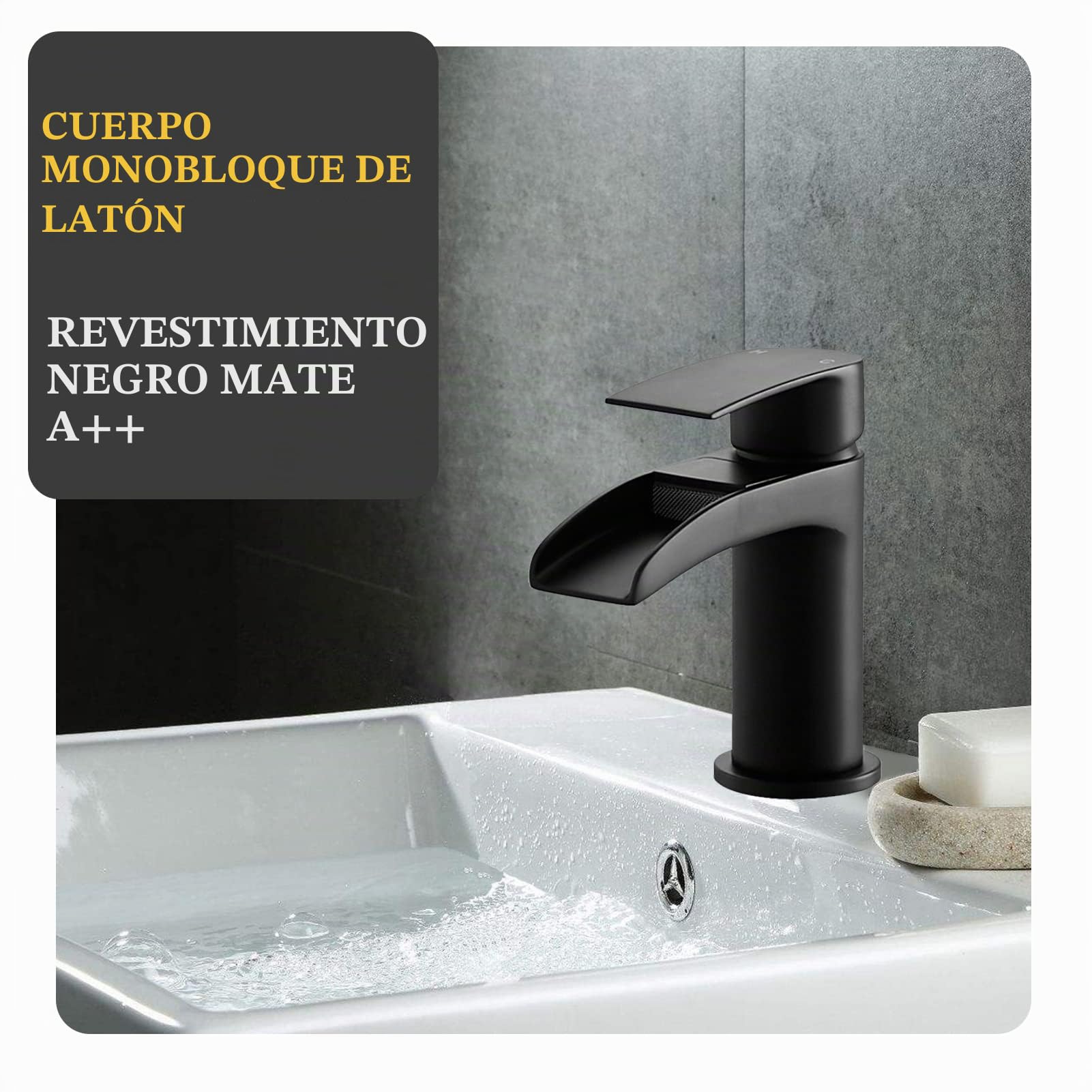 Grifo de lavabo negro mate con desagüe, grifo de lavabo de cascada con desagüe, grifo monobloque de latón negro con tapón de fregadero 112NBK