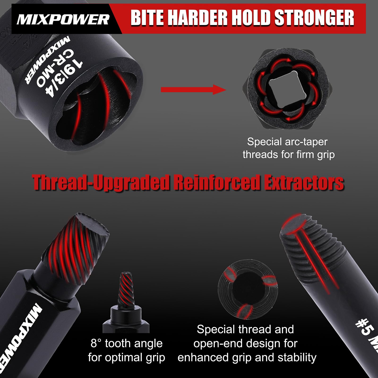 MIXPOWER Set di 46 estrattori per bulloni a percussione, kit di attrezzi per la rimozione di bulloni e dadi, estrattore di bulloni spogliati per viti e bulloni danneggiati