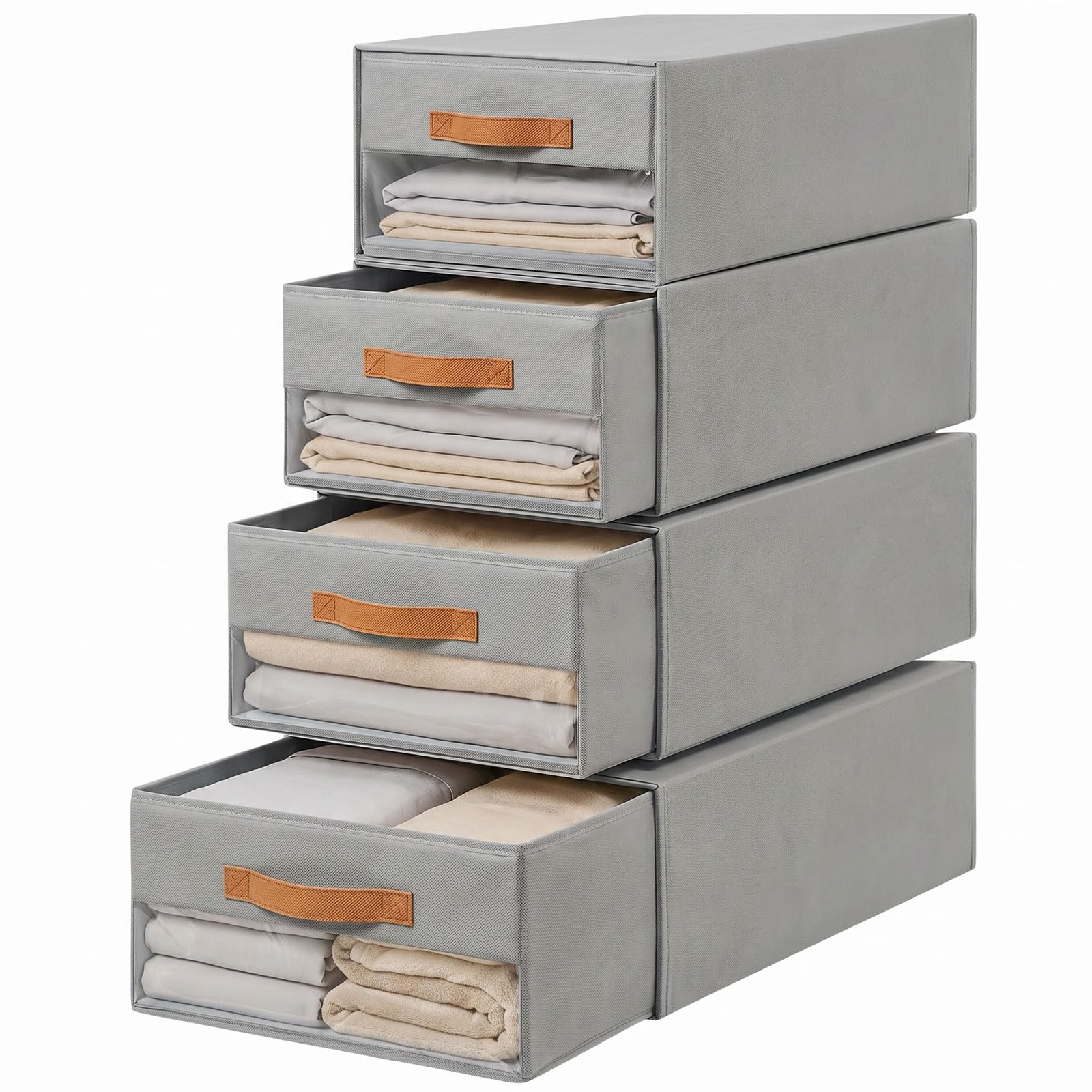 4 Pack Closet Organisers Storage Drawers, Stackable Storage Drawers, Foldable Pull-Out Drawer, Wardrobe Storage Organiser with Clear Window for Clothes Organize, Shelves, Bedroom, Living Room - Grey