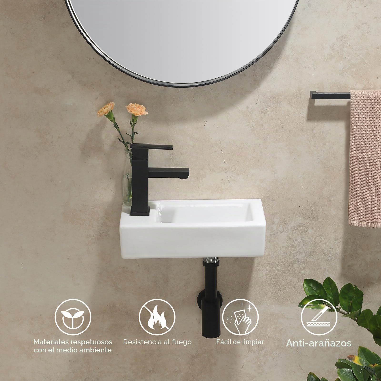 HOROW Lavabo colgante de pared, rectangular, de cerámica, porcelana, pequeño, para invitados, orificio para grifo a la izquierda, 370 x 185 x 90 mm