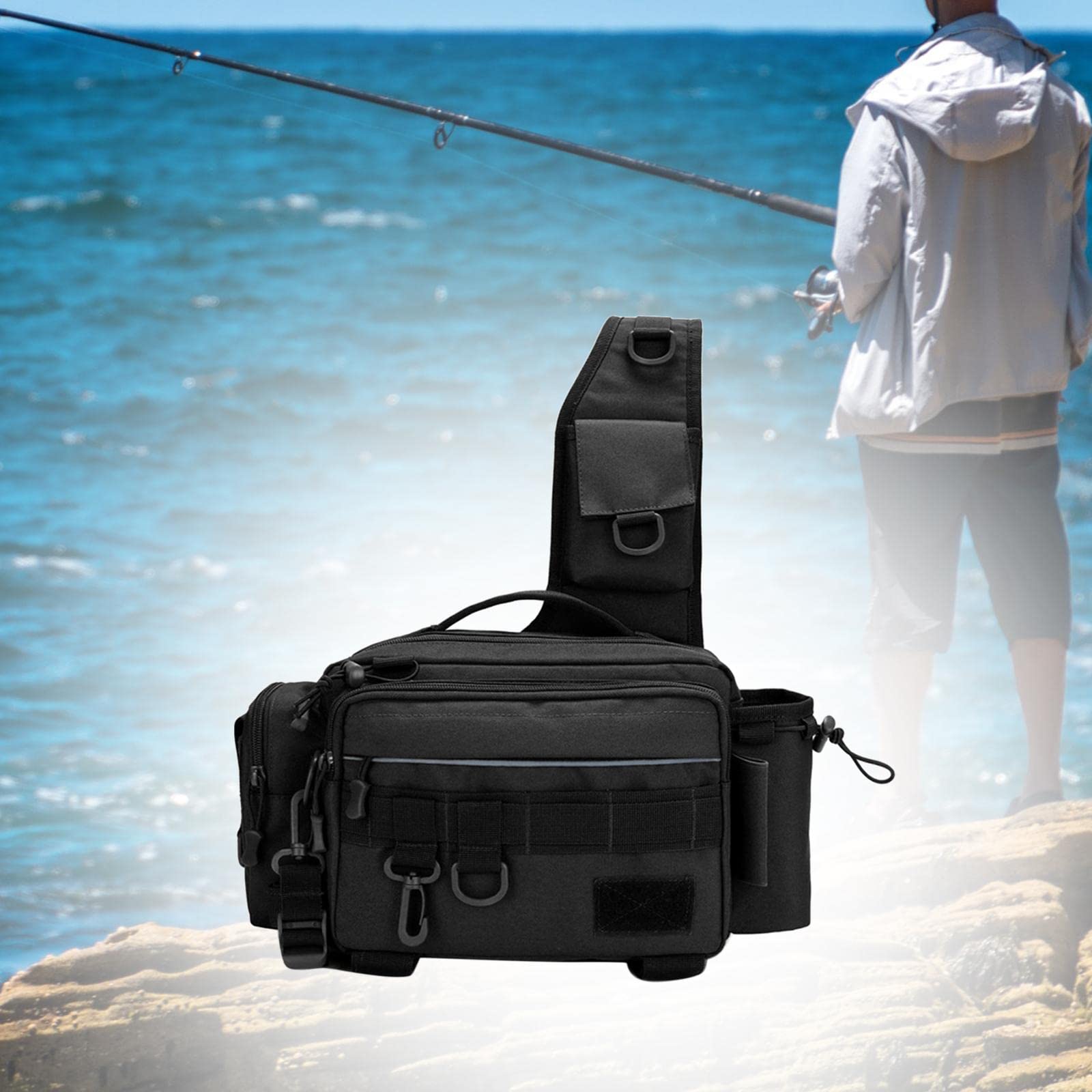 Zaino da Pesca, Borsa Portaoggetti Tattica da Cintura, Tracolla Imbottita E Traspirante, Porta Canna da Pesca, Tessuto in Nylon 600D, Adatto per Viagg