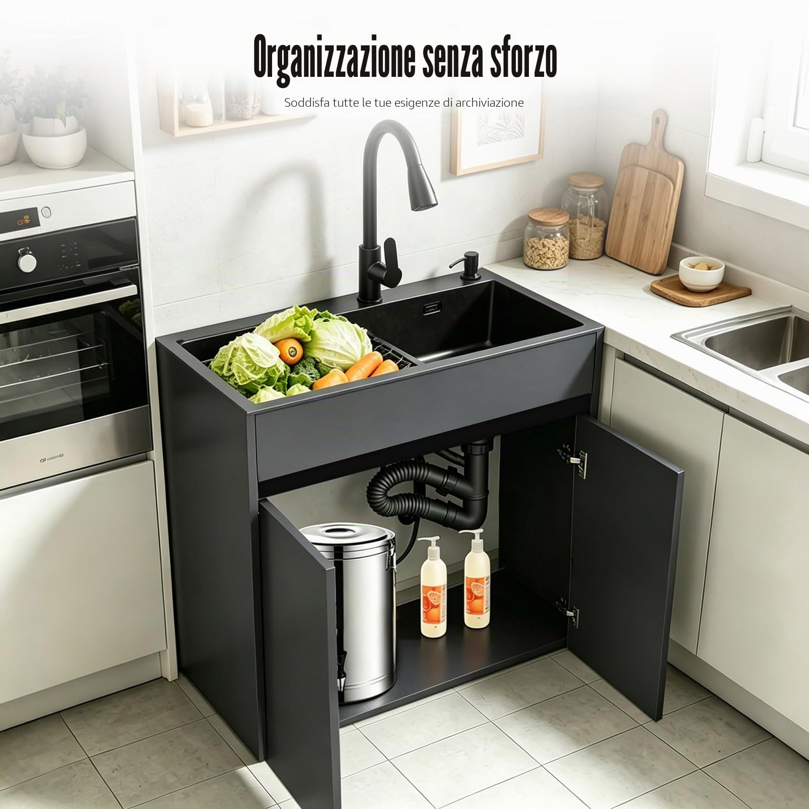 Lavello da Esterno Autoportante con Mobile per Giardino e Officina, lavabo in acciaio inox nero, corpo in alluminio alveolare con piedini regolabili, miscelatore caldo/freddo e kit di scarico inclusi