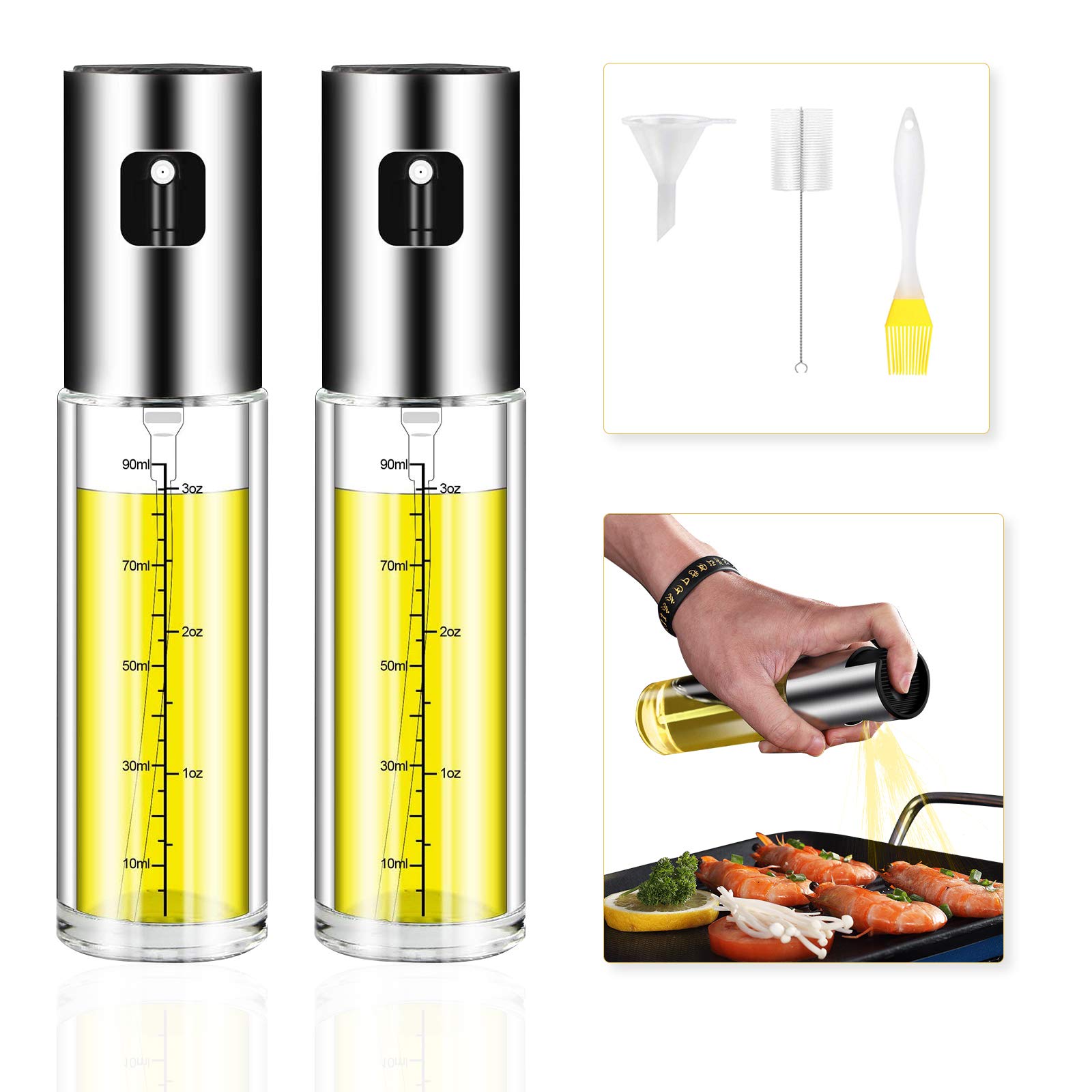 Tarnel Oil Spray Bottle, 2 Pack, Stainless Steel Olive Oil Glass Spray Oil Bottle Dispenser for Cooking BBQ Salad Baking Roasting Grilling Frying 3.4-Ounce 100ml Including Free Tube Brush and Funnel