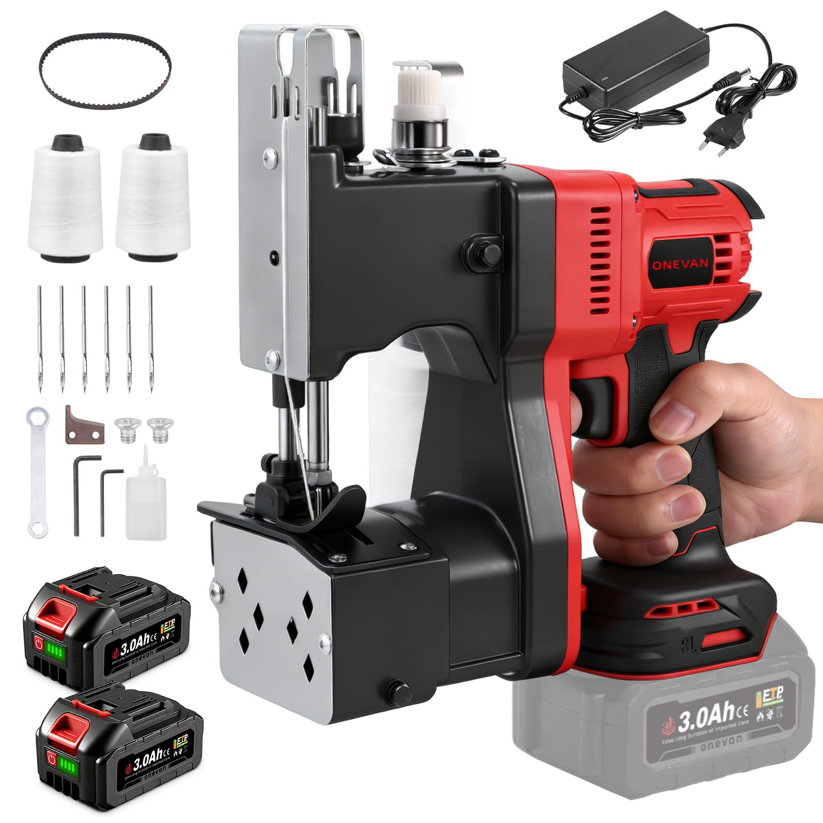 ONEVAN Elektrische Sacknähmaschine, 210W Kupfermotor, Nähmaschinen für Gewebesack & Kraftpapierbeutel, Nähdicke 8-15mm mit automatischem Fadenschneider, für Landwirtschaft, Industrielle (Rot)
