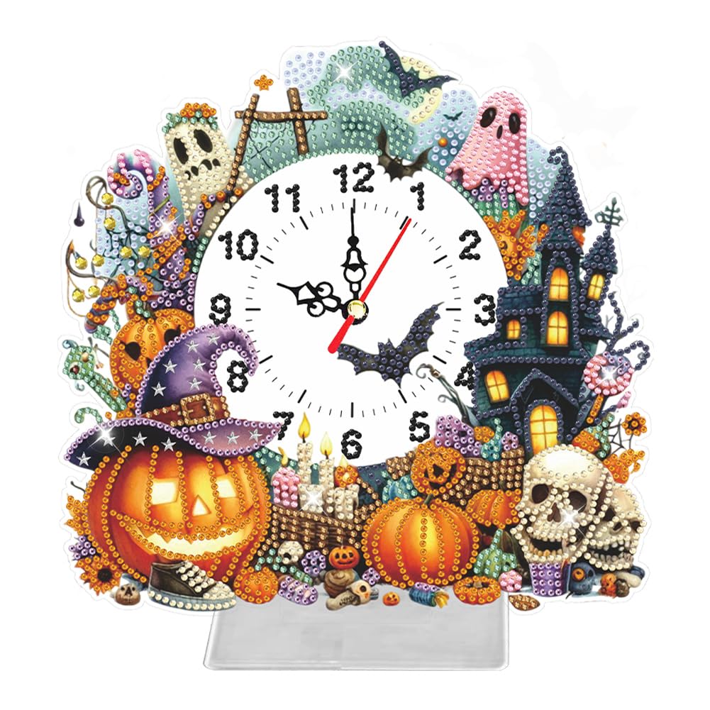 Fiorky DIY 5D Diamond Painting Clock Desktop Ornament Kits for Adults, Special Shaped Halloween Pumpkin Diamond Painting Clock Art Craft DIY Crystal Diamond Clock Kit Living Room Decoration