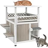 PetsCosset Outdoor Cat House 2 Story Wooden Houses for Outside Feral Cats Weatherproof Indoor Cat Condo with Large Balcony 2 Escape Doors to Enhanced Safety, Easy Slide Bottom, Simple Assembly