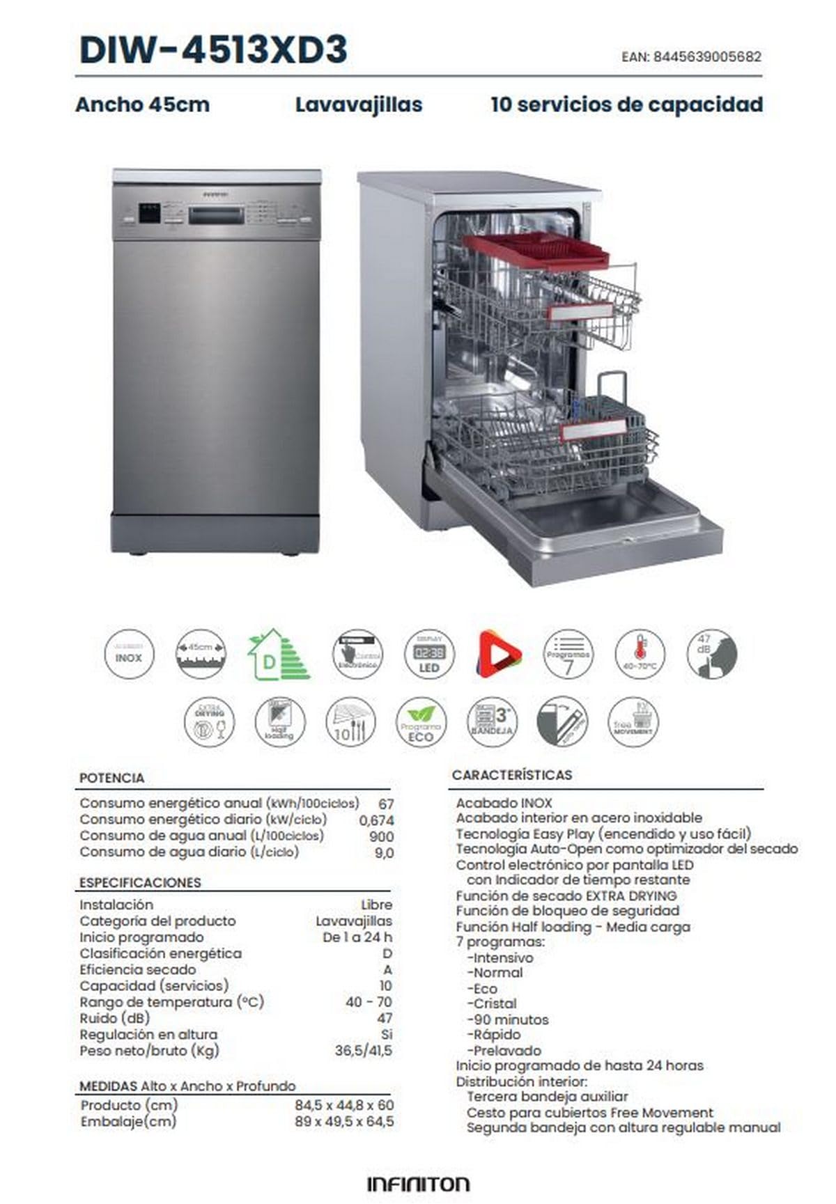 Lavavajillas Infiniton DIW-4513XD3, Ancho 45 cm, 10 Servicios, 7 Programas, D, Inicio Programado, Tercera Bandeja Auxiliar, Interior en Acero Inoxidable, Inox