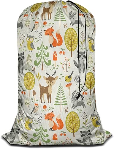 Swono Bolsa de lavandería con correa de animales del bosque, lavable a máquina, organizador grande de ropa sucia, árboles, setas, bayas, conejo,