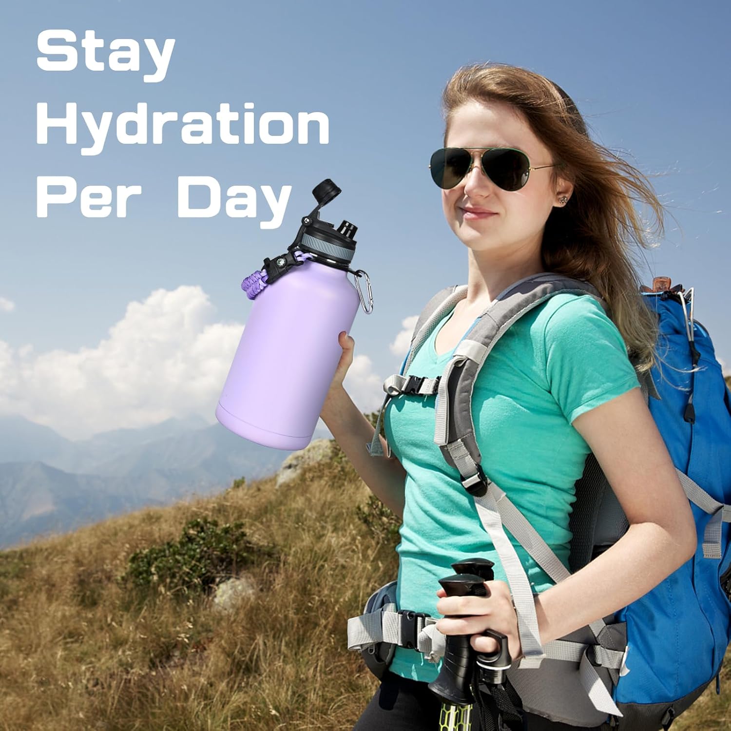 Insulated Water Bottle 64 oz, Half Gallon Water Jug Cold 48H, BPA Free Stainless Steel Bottles with Straw/Chug 2-in-1 Lid, Bag, Paracord Handle, Silicone Boot, Sports Gym School Metal Flask - Image 7