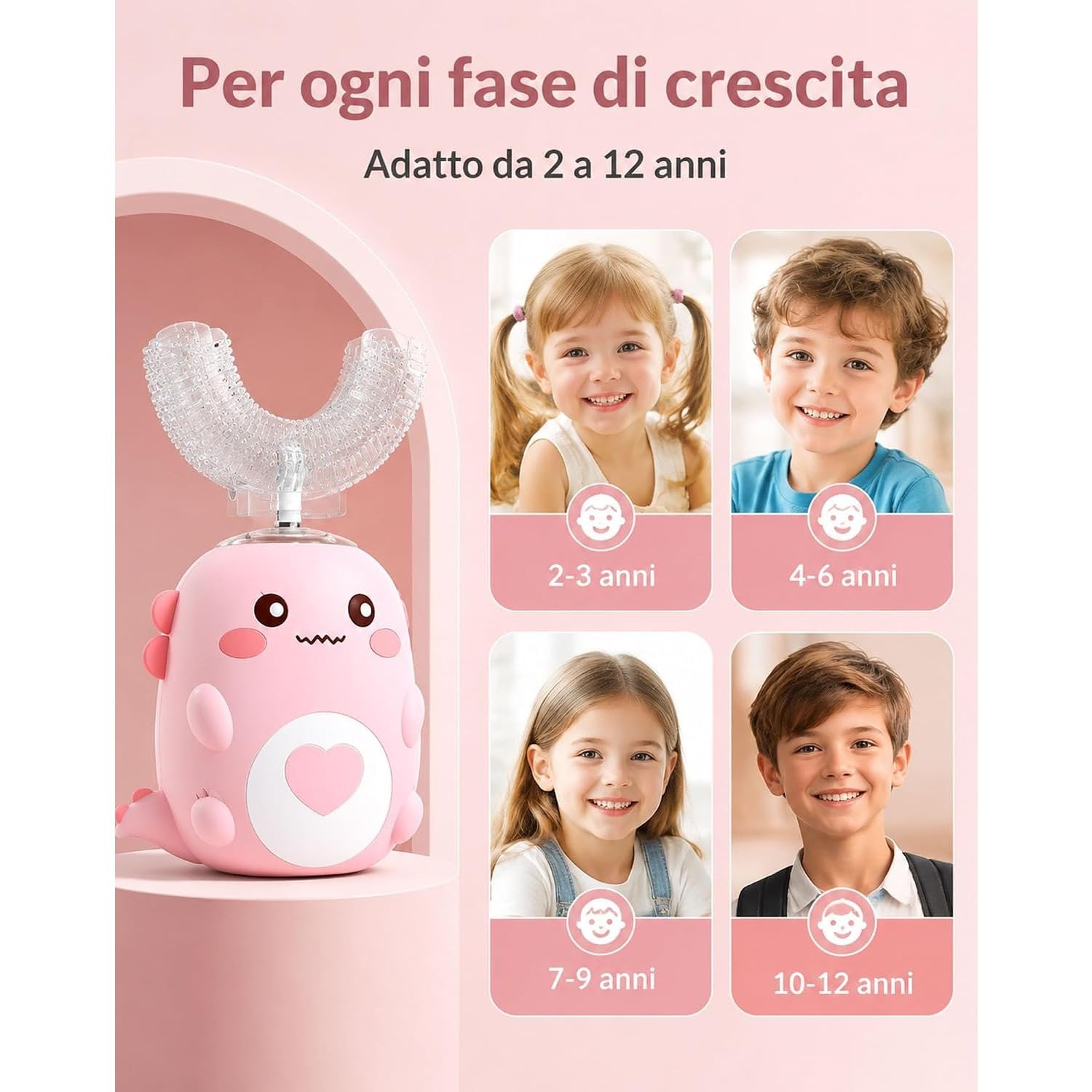 DinoBrush Spazzolino Elettrico Per Bambini, Dinobrush Piccolo&Co (6-12 Anni,Rosa)