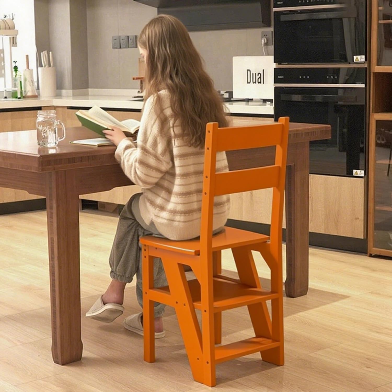 Sgabello a Scala Pieghevole 3-in-1 in Legno Massello, Sgabello Convertibile e Supporto Espositivo, Scala Multi-funzionale a 4 Ripiani, per Casa, Cucina, Biblioteca, Capacità 150kg (Marrone)