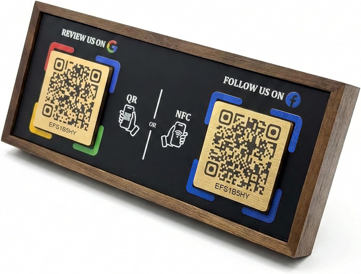 Dual Social Media Walnut Wood Stand with NFC & QR Code - Compatible with Google Review Page & Facebook, No App Needed for Setup or Use, One-Time Purchase, Lifetime Promotional Desktop Decor for