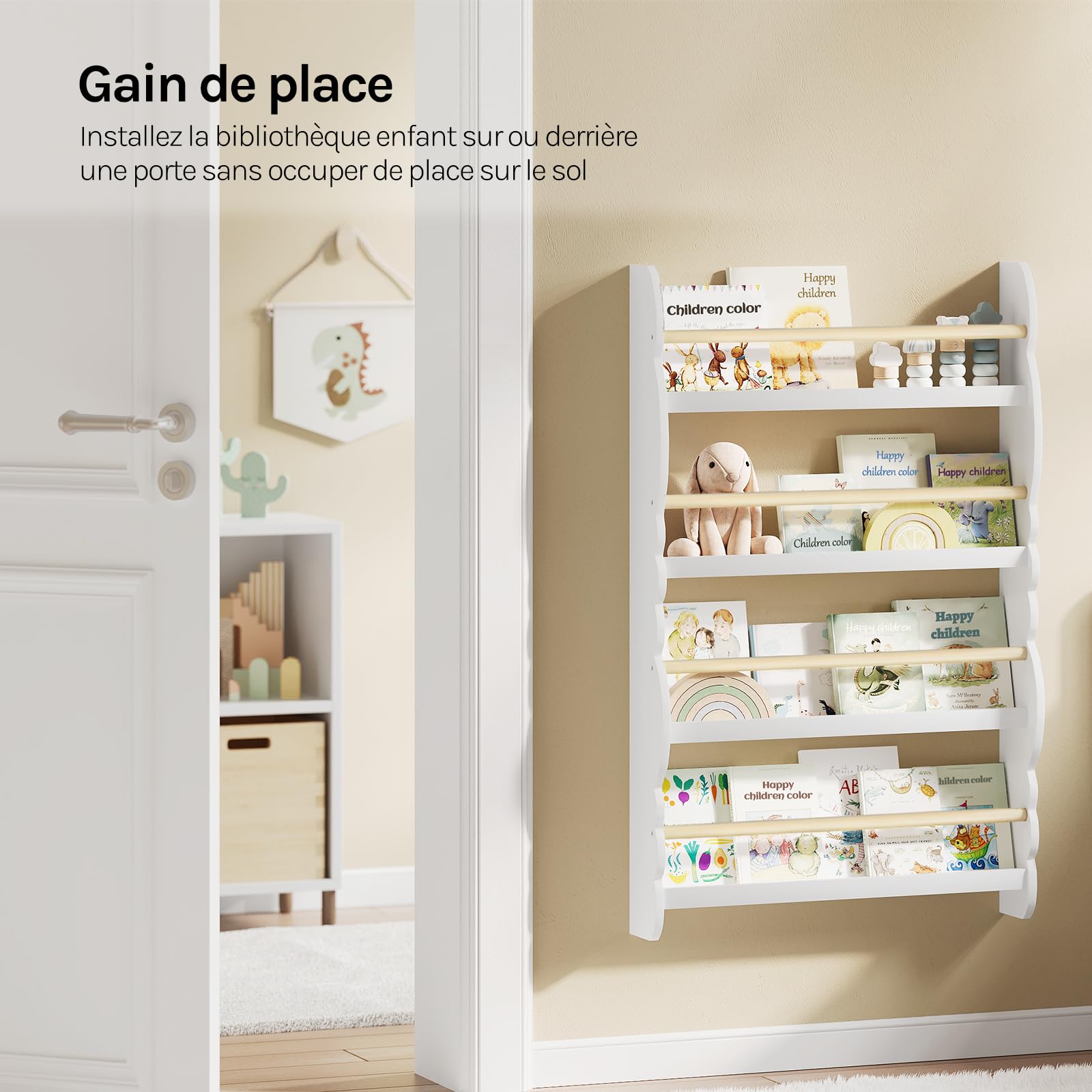 WOLTU Bibliothèque Murale, Étagère de Rangement pour Chambre d'enfants pour Ranger des Livres, 60x14,5x98 cm,Jouets en Bois MDF à 4 Niveaux, Blanc