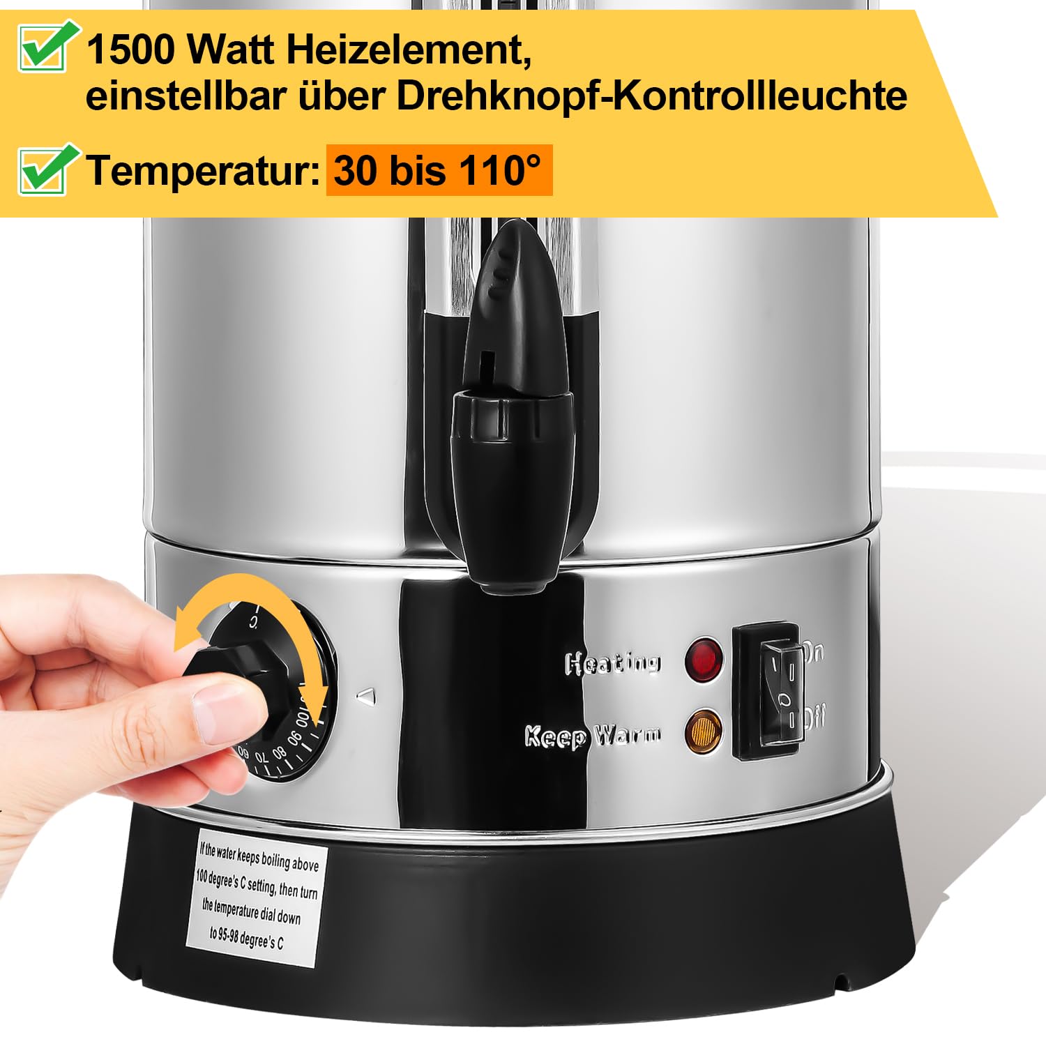 Daromigo Glühweinkocher 8L 1500W Edelstahl mit Zapfhahn Thermostat Einstellbare Temperatur 30-110°C