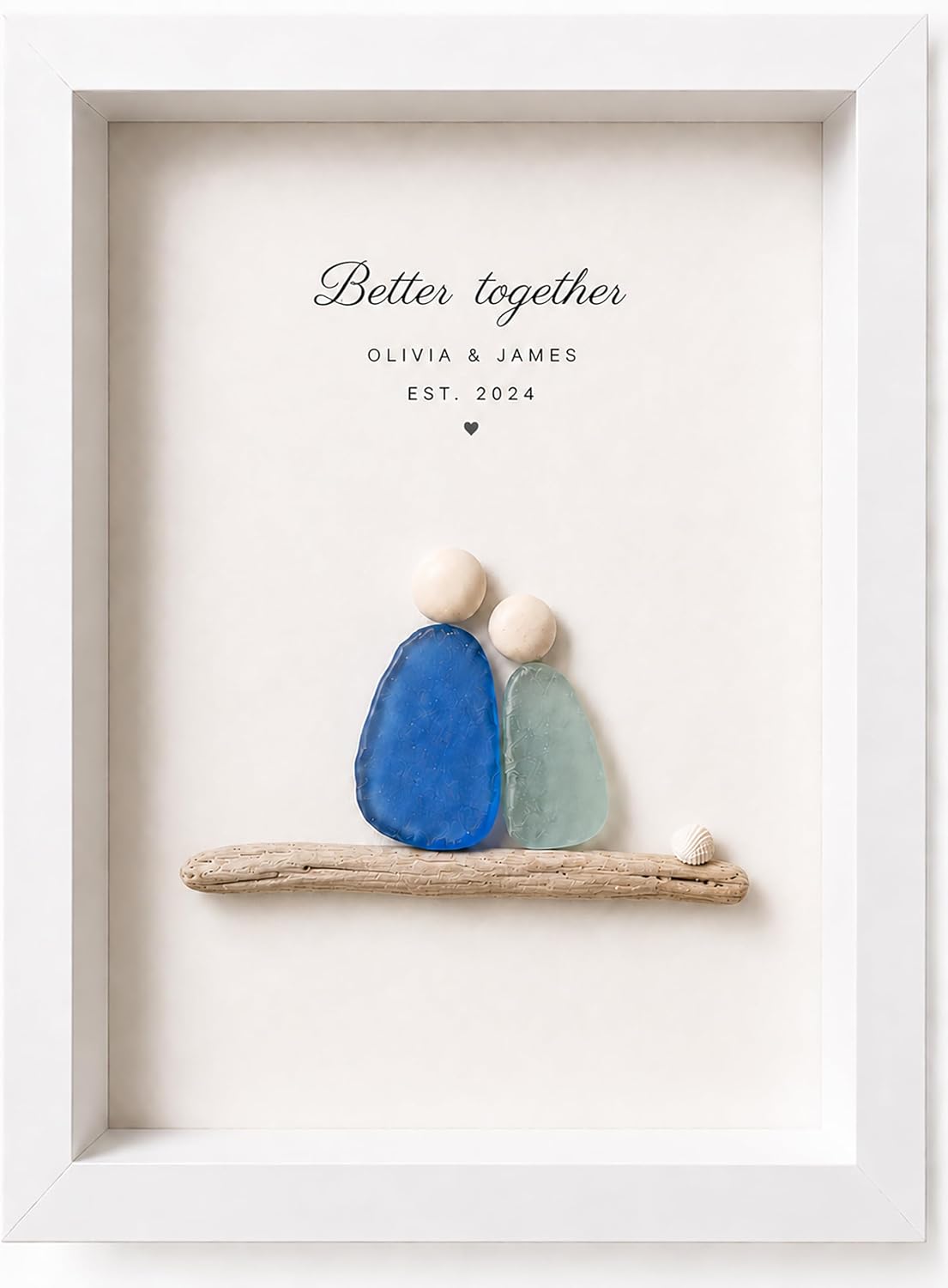 UQRUI Personalized Sea Glass Couple Art Frame – Custom Name & Date Beach Pebble Picture, Romantic Wedding Gift for Couples, Anniversary Engagement Bridal Shower Home Decor