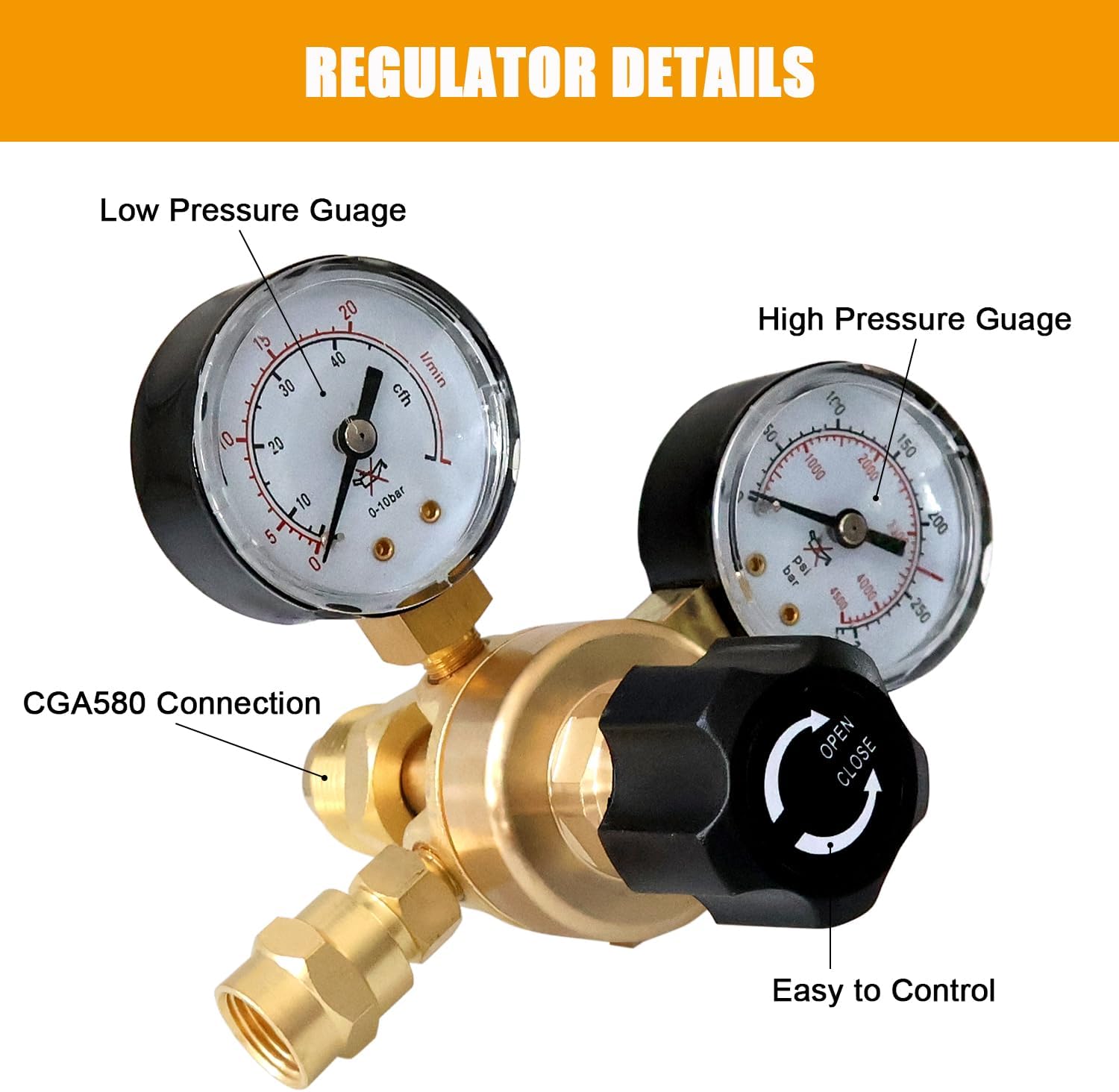 Argon CO2 Regulator Gauges Gas Welding Regulators with 6.6Ft Hose for MIG TIG Welder, 0-4000 PSI, CGA580 Inlet Connection