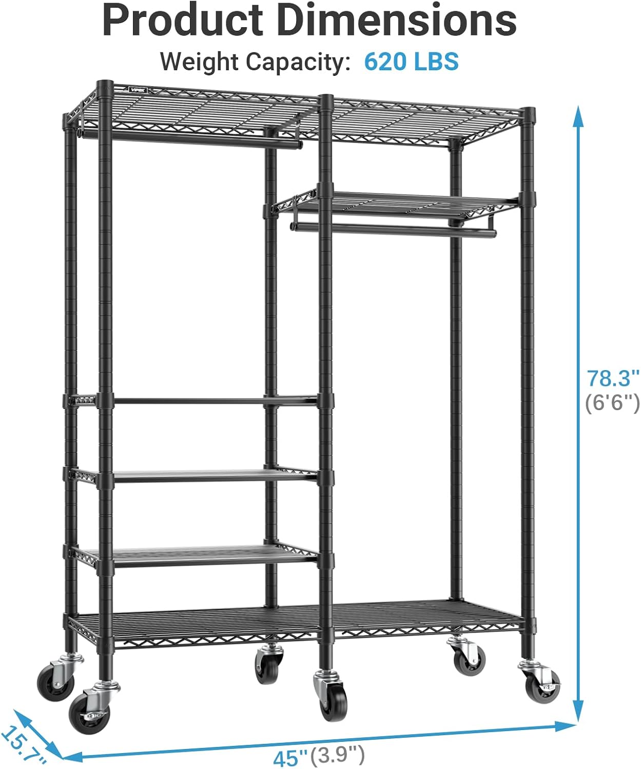 VIPEK R4 Rolling Clothes Rack for Closet, Garment Rack with Lockable Wheels, 6 Adjustable Shelves & 2 Hanger Rods for Bedroom or Laundry Room, Metal Clothing Rack on Wheels with Max Load 620LBS, Black