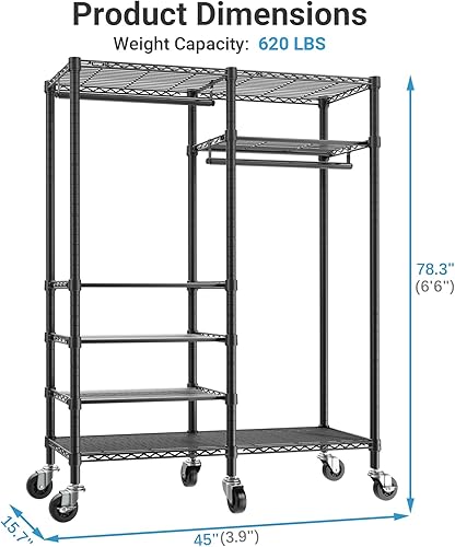 Miniatura 9 de VIPEK R4C - Perchero portátil con ruedas, resistente, ajustable, para ropa de armario, con ruedas bloqueables, color negro, con cubierta de Estante