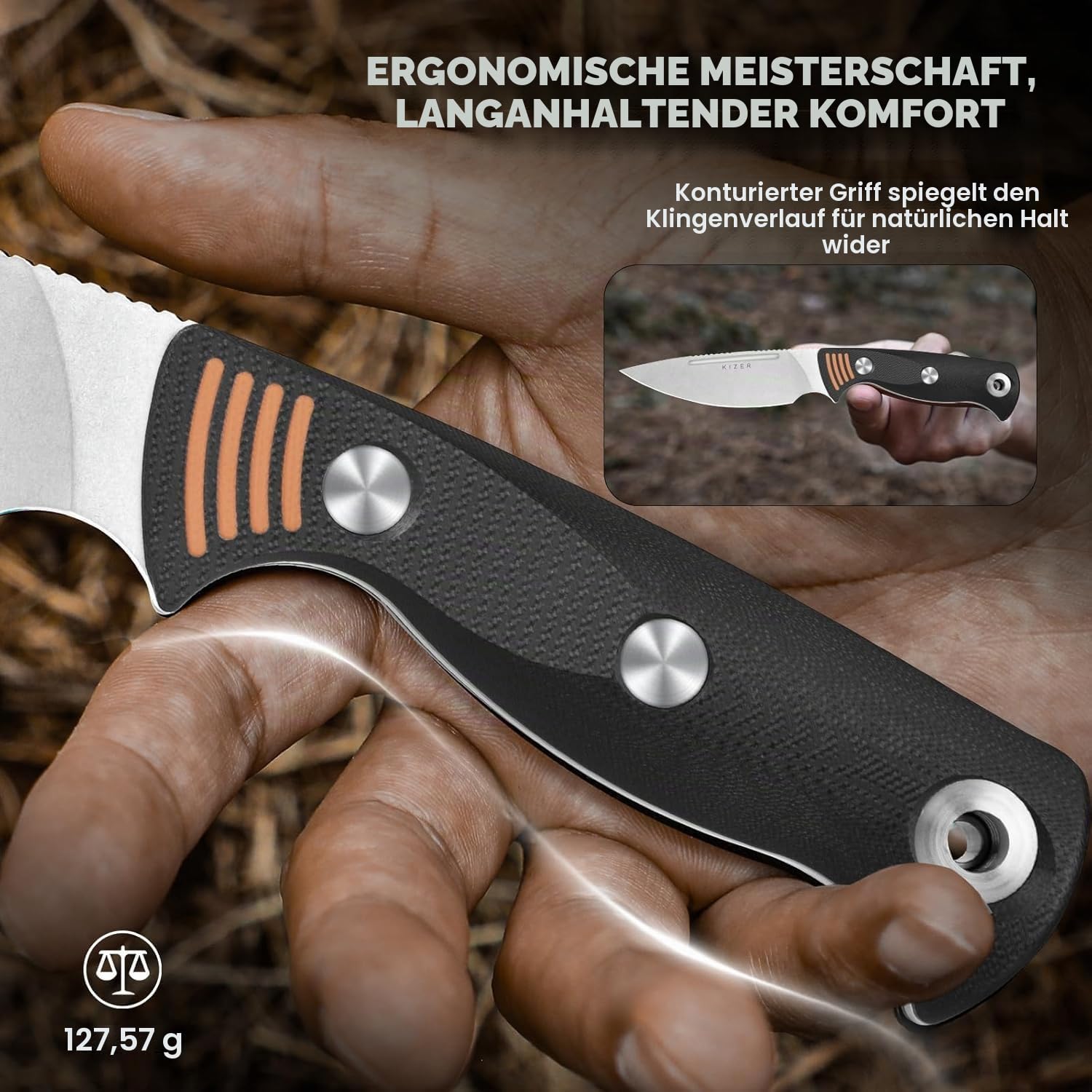 Kizer Evenki 3 Survival Messer mit Kydex-Scheide & Messer Schärfer, 1099A1 | 11,4cm AEB-L Drop Point Klinge Feststehende Messer mit Schwarz-Orangefarbenem G10 Griff, Full Tang Jagd Survival Messer