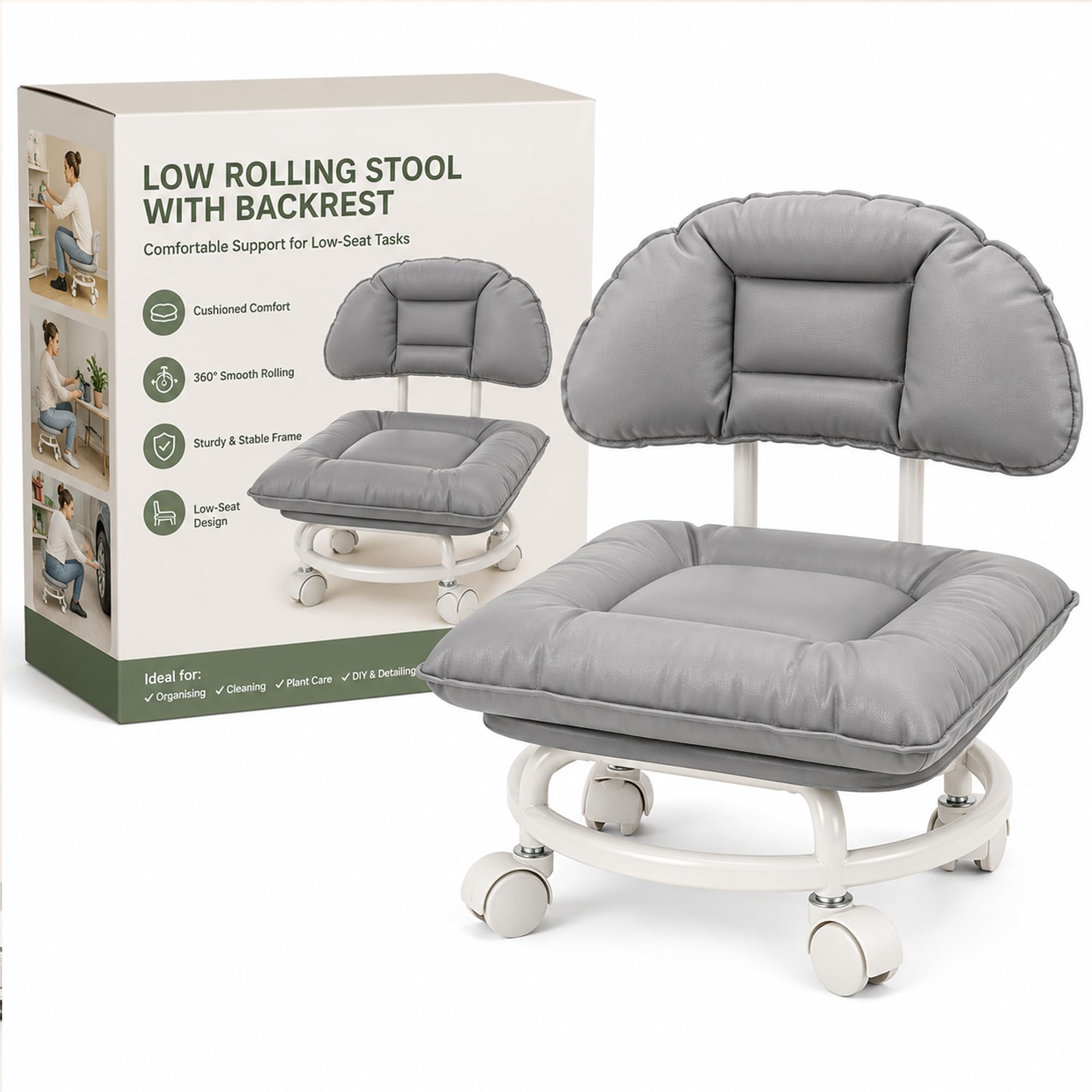 Rolling Low Stool with Backrest, Padded Seat, 360° Swivel Wheels ，Gray