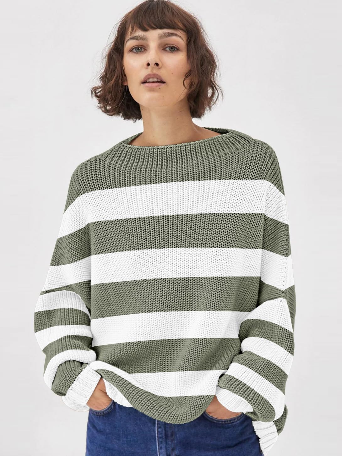 Womens Oversized Sweaters Loose Solid Casual Long Sleeve Mock Neck Knitted Jumper Tops - Image 2