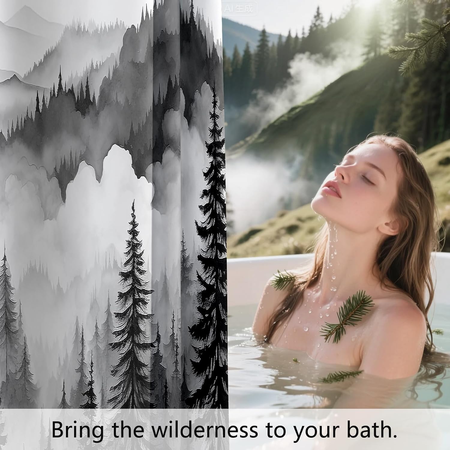 Extra Wide Forest Shower Curtain 108 x 72, Black and White Mountain Tree Shower Curtains for Claw Foot Tub, Nature Landscape 108 inch Long Shower Curtain Set with 18 Pack Plastic C-Hooks