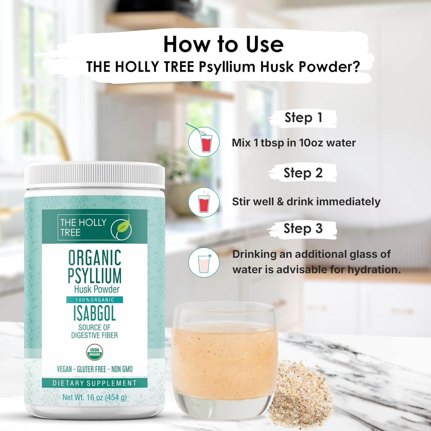 Organic Psyllium Husk Powder 16 oz - Psyllium Husk Powder Organic for Gut Cleanse & Regularity - Premium Fiber Supplement - Vegan, Gluten-Free, Non-GMO, USDA Certified - Image 5