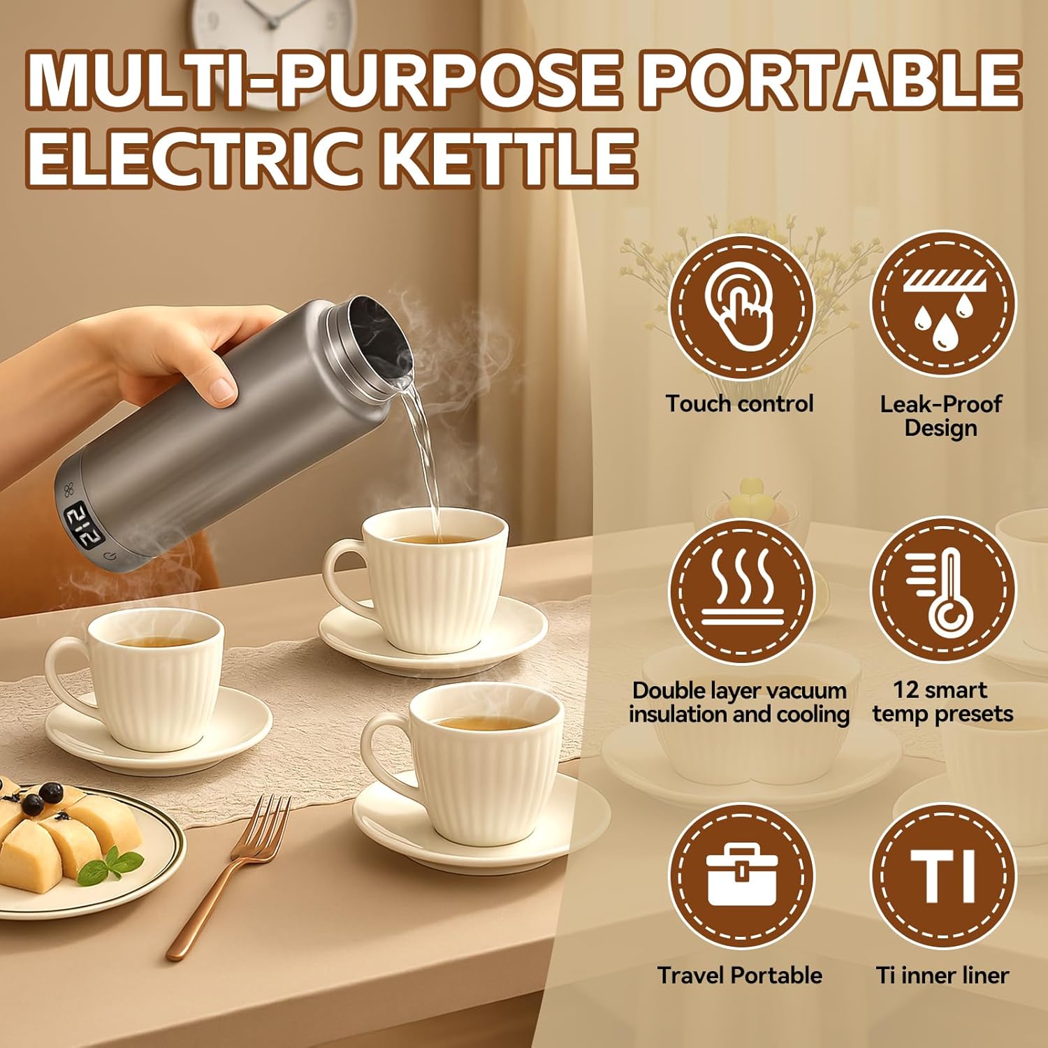 Pure Titanium Travel Kettle,Dual Voltage Portable Electric Kettle 110V-240V Smart Small Water Boiler for Tea & Coffee,12 Temperature Control,Auto Shut Off & Boil Dry Protection (Gray,380ML) - Image 3