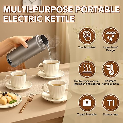 Miniatura 3 de Hervidor de viaje de titanio puro, hervidor eléctrico portátil de doble voltaje, 110 V-240 V, caldera de agua pequeña inteligente para té y café, 12