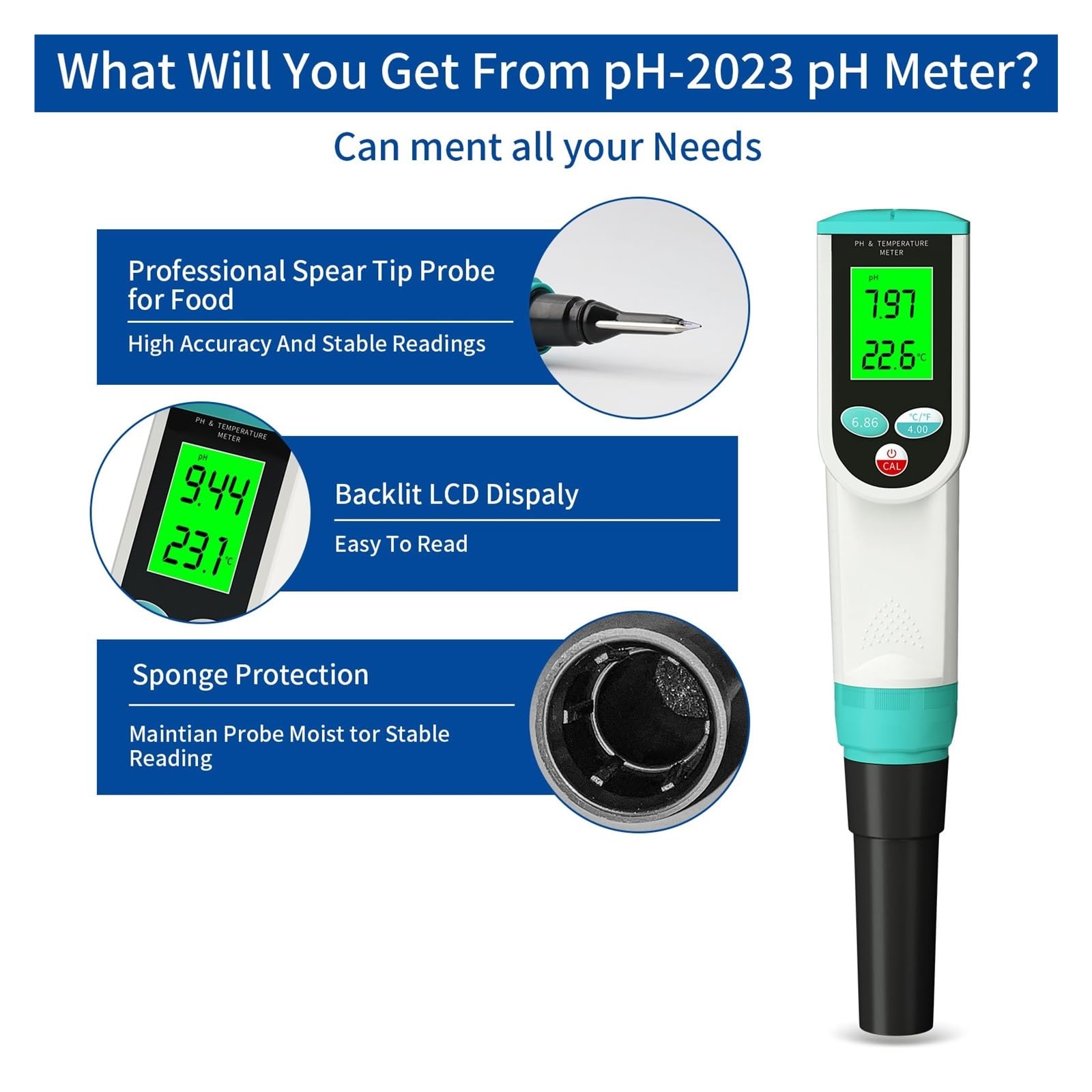 Professionelles Lebensmittel-PH-Messgerät, 0,00–14,00 PH, Temp-pH-Tester, Hochpräziser Sensor, Säureanalysator for Fleischkonserven, Käse, Teig, Wasser PräZise Messung