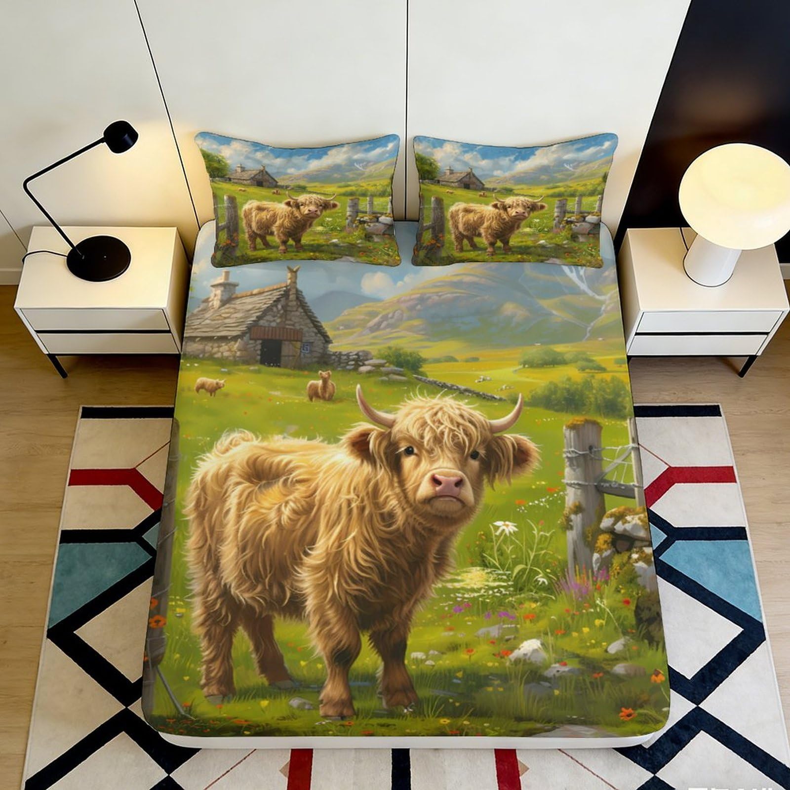 3D Printed Highland Cow Pastoral View Fitted Sheet Microfiber Soft Anti-Slip Mattress Cover for Bedroom Dorm Decor 90x200x25cm