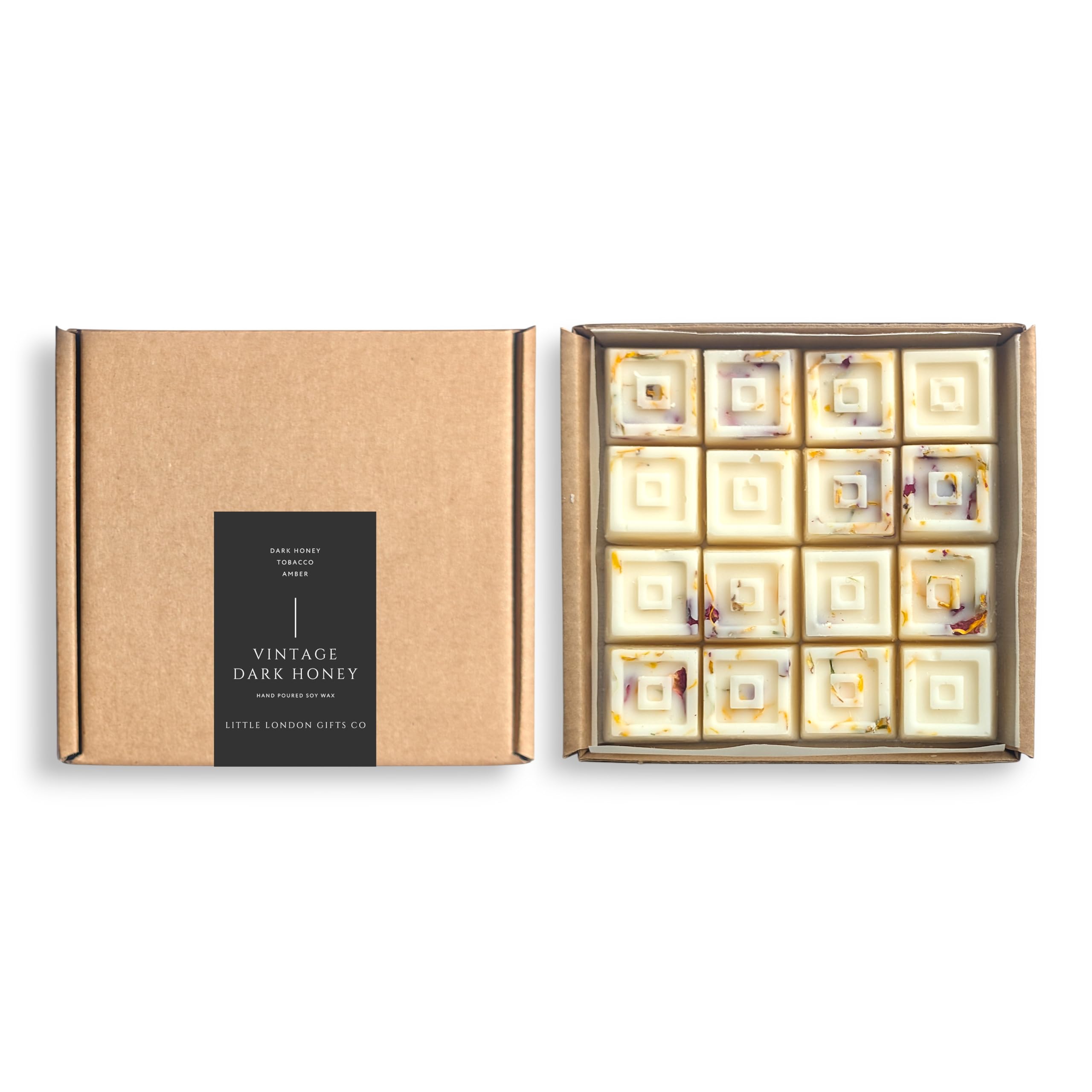 Luxury Soy Wax Melts Gift Set - 16 Highly Scented Melts in Lemongrass & Ginger, Pear & Freesia, Dark Pomegranate, Black Plum & Rhubarb - Perfect for Gifts (Dark Honey & Vintage)