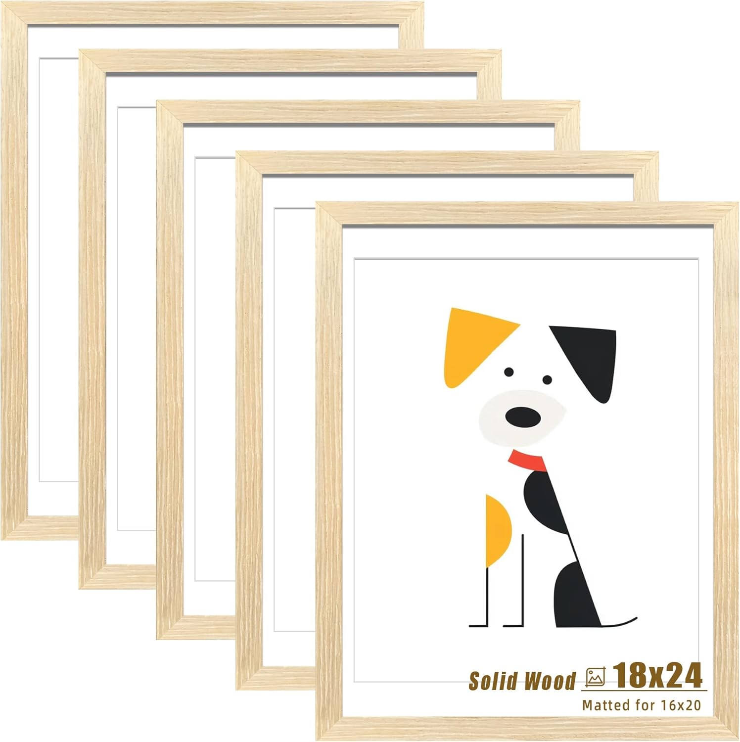 LUCKYLIFE 18x24 Picture Frame Solid Natural Wood, Display 16x20 photo with Mat or 18x24 without Mat for Wall Hanging, Set of 5 Natural 18x24