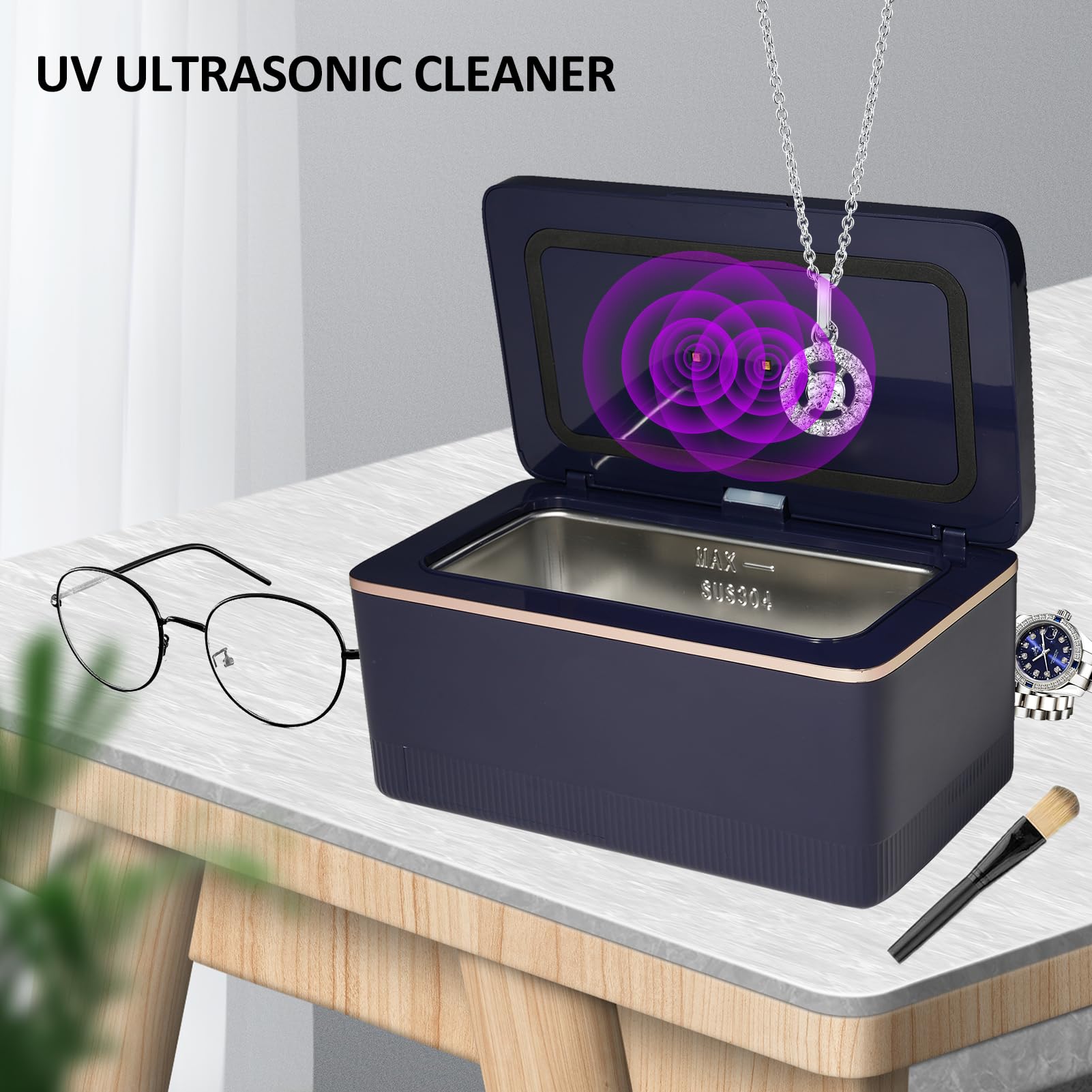 BLAIS Limpiador ultrasónico de joyas Limpiador ultrasónico doméstico UV de 600 ml Máquina limpiadora por ultrasonido portátil de 43 KHz con 2 modos para limpiar joyas, anteojos, relojes, anillos, mone