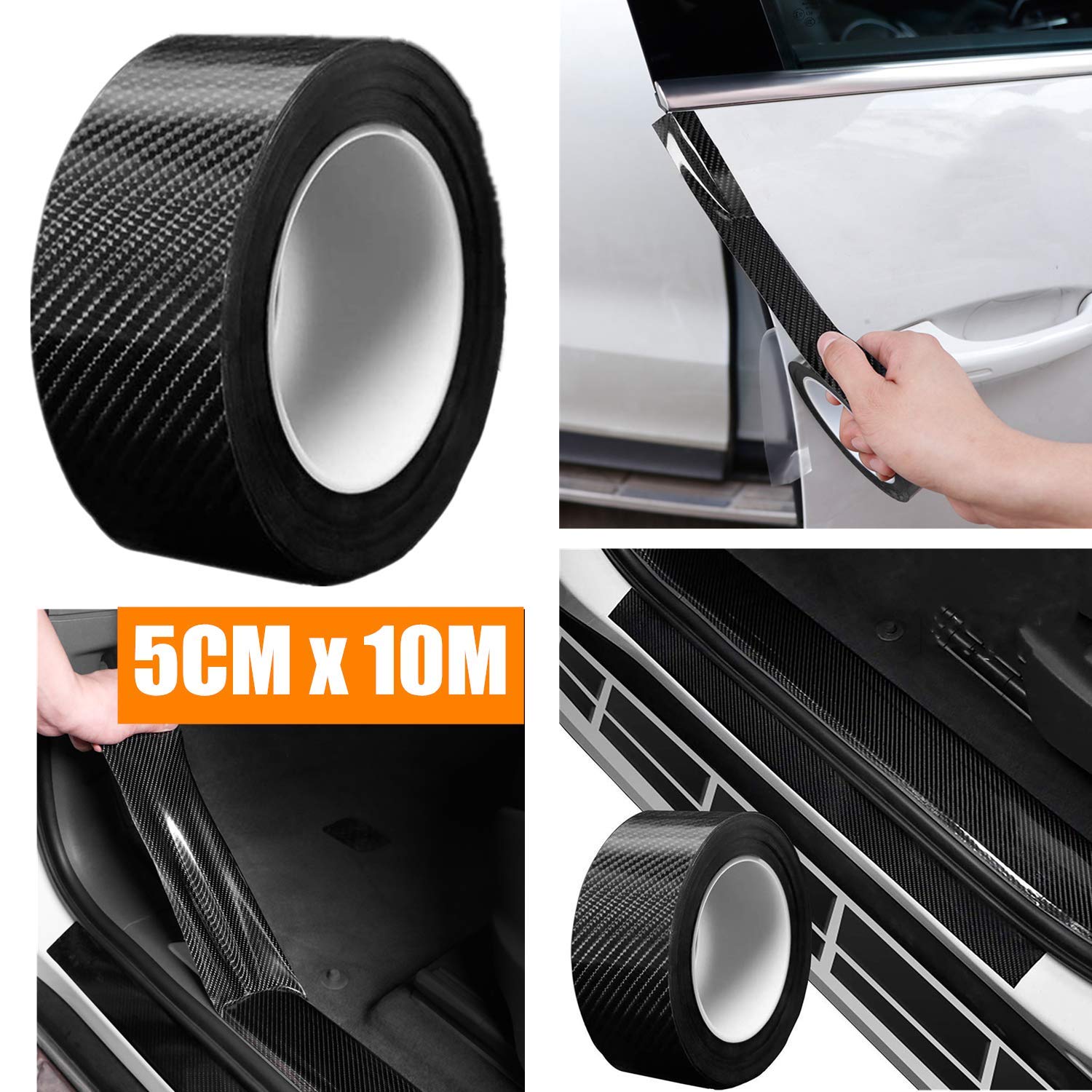 Car Sill Protectors Strips Car Door Sill Protector Black Carbon Fiber Wrap Film, Anti Scratch Car Door Guard Bumper Protector Sticker, Door Bumper Spoiler Edge Protection for Cars Trucks SUV (5CM*10M)