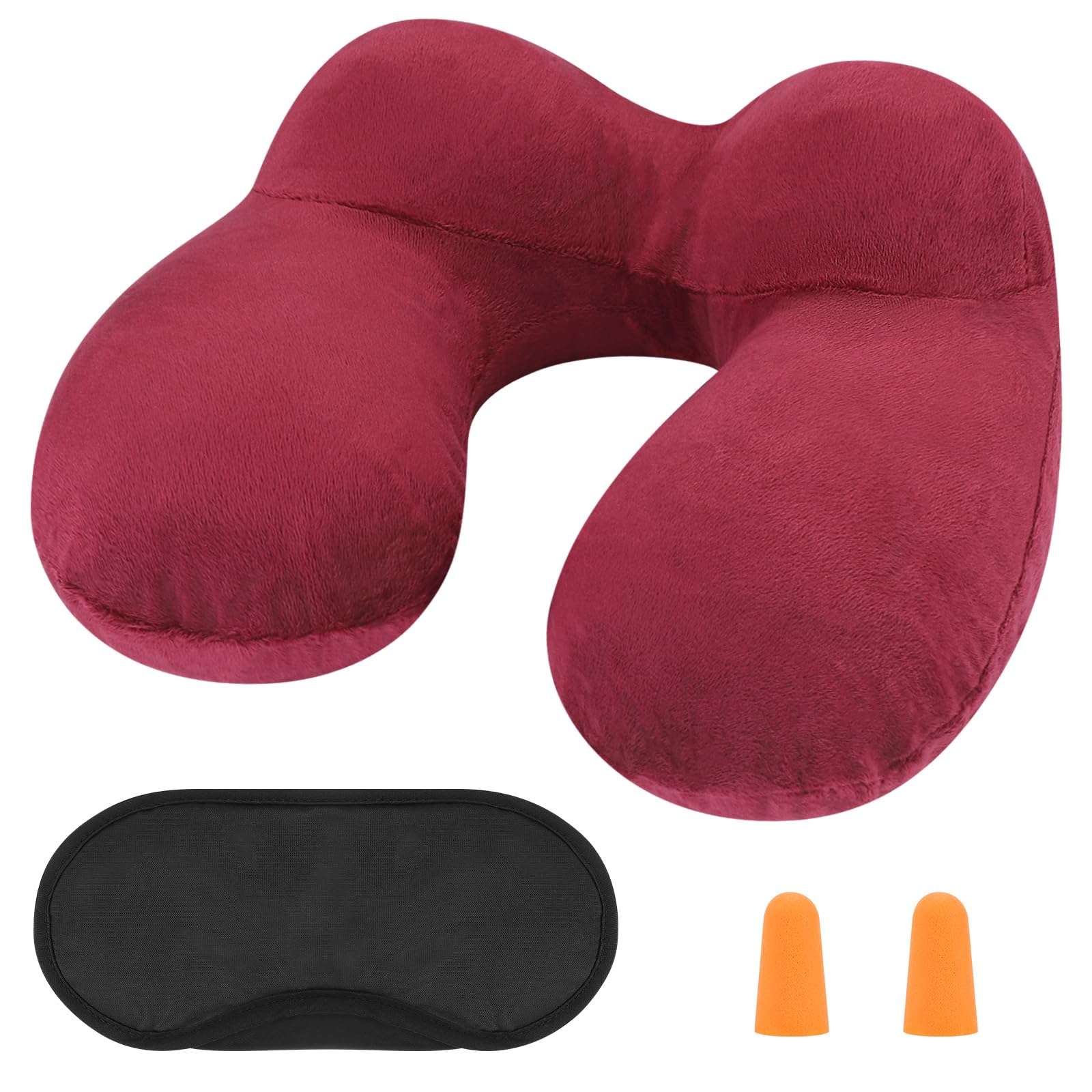 LUZWAY Inflatable Travel Pillow Neck Pillow Kits Ergonomic Soft Velvet Washable Pillowcase with Ear Plug and Eye Mask, Lightweight Sleeping Rest Cushion for Airplane, Car, and Train（Red）