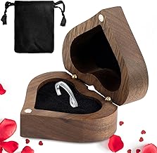 Wooden Ring Box for Wedding, Walnut Heart Ring Box with Soft Velvet, Vintage Wooden Ring Box for Engagement, Wedding, Ceremony, Proposal, Anniversaries, Gift (6 x 5.5 x 3.3 cm)